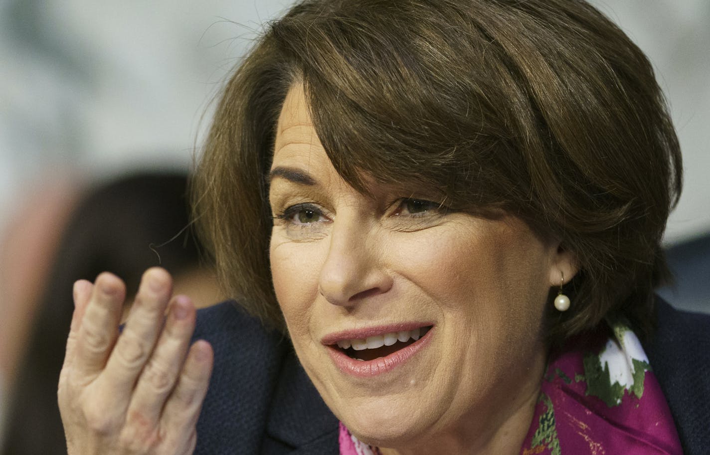 Senate Judiciary Committee member Sen. Amy Klobuchar, D-Minn., questions Attorney General nominee William Barr during a Senate Judiciary Committee hearing on Capitol Hill in Washington, Tuesday, Jan. 15, 2019. (AP Photo/Carolyn Kaster)