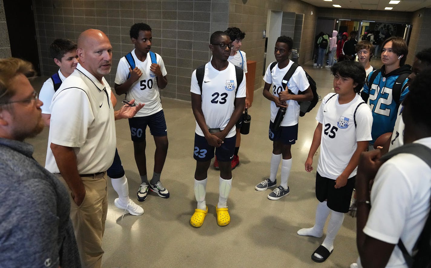 Blaine athletic director Shannon Gerrety explained to the freshmen boys soccer team he was working to try and find them transportation to their away game. ] ANTHONY SOUFFLE • anthony.souffle@startribune.com