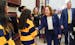 Joan Gabel shakes hands after being announced as the University of Pittsburgh’s 19th chancellor on April 3 in Pittsburgh.