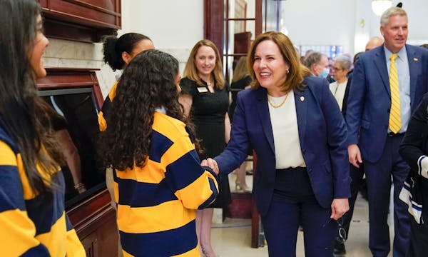 Joan Gabel shakes hands after being announced as the University of Pittsburgh’s 19th chancellor, Monday, April 3, 2023, in Pittsburgh. 