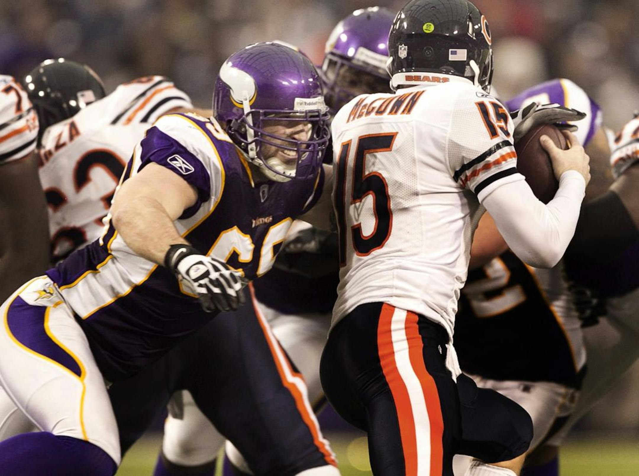 Vikings defensive end Jared Allen sacked Bears quarterback Josh McCown last season.