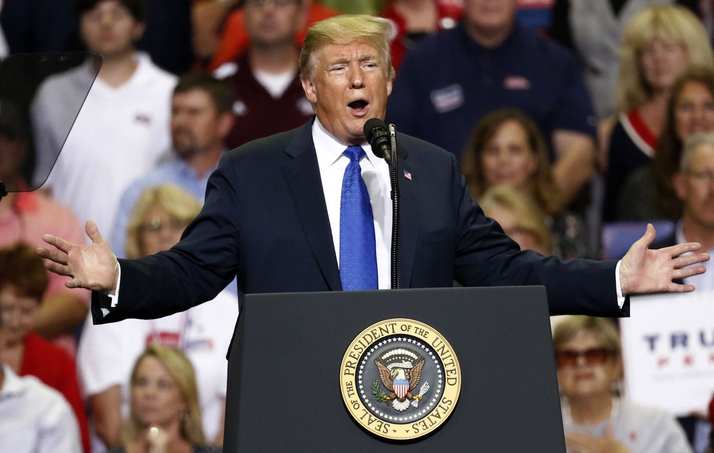 President Donald Trump speaks during a campaign rally at the Landers Center Arena, Tuesday, Oct. 2, 2018, in Southaven, Miss. (AP Photo/Rogelio V. Solis)