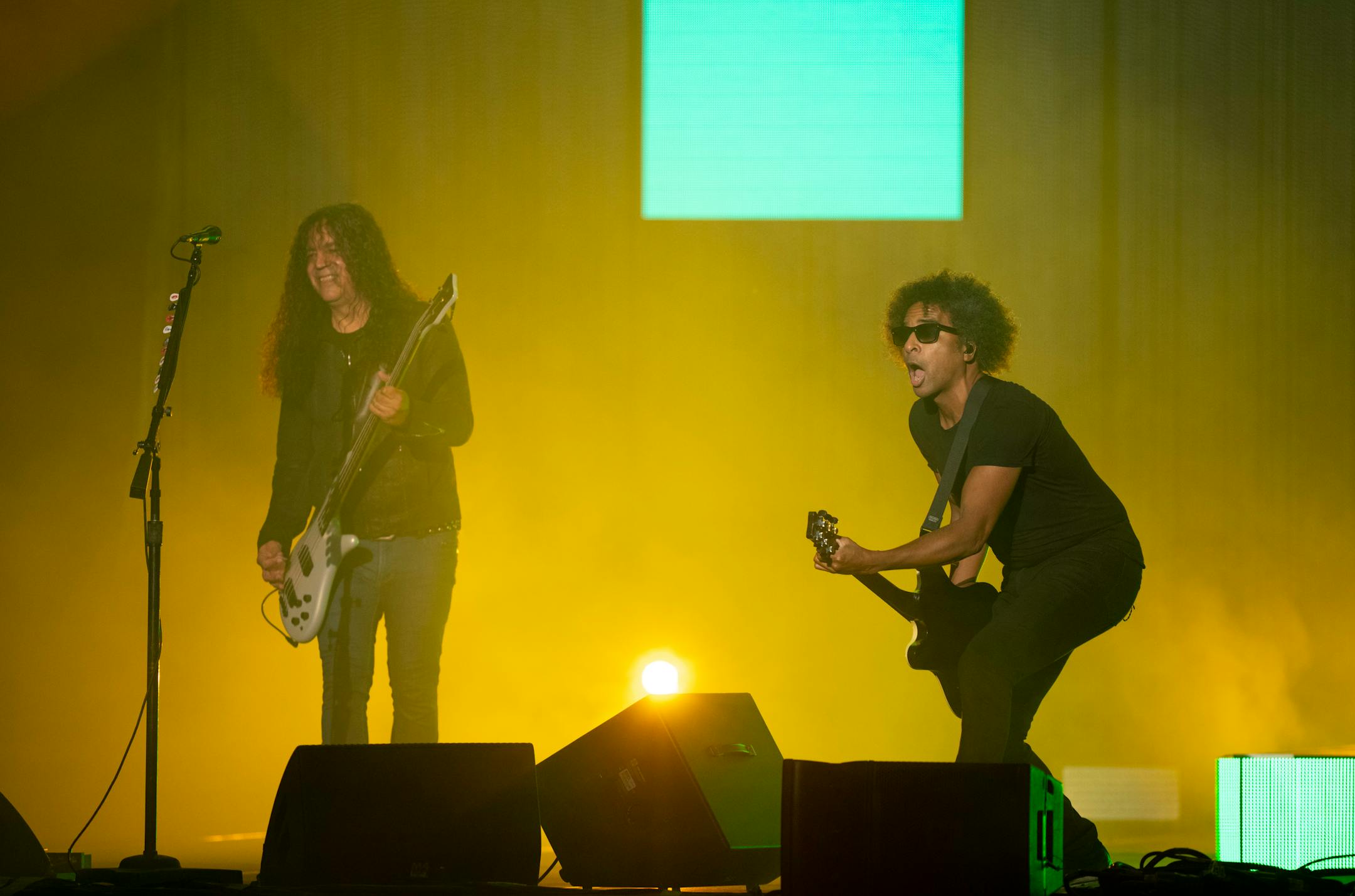 Lead singer William DuVall of Alice in Chains, with bassist Mike Inez, left, got the Grandstand shows underway.