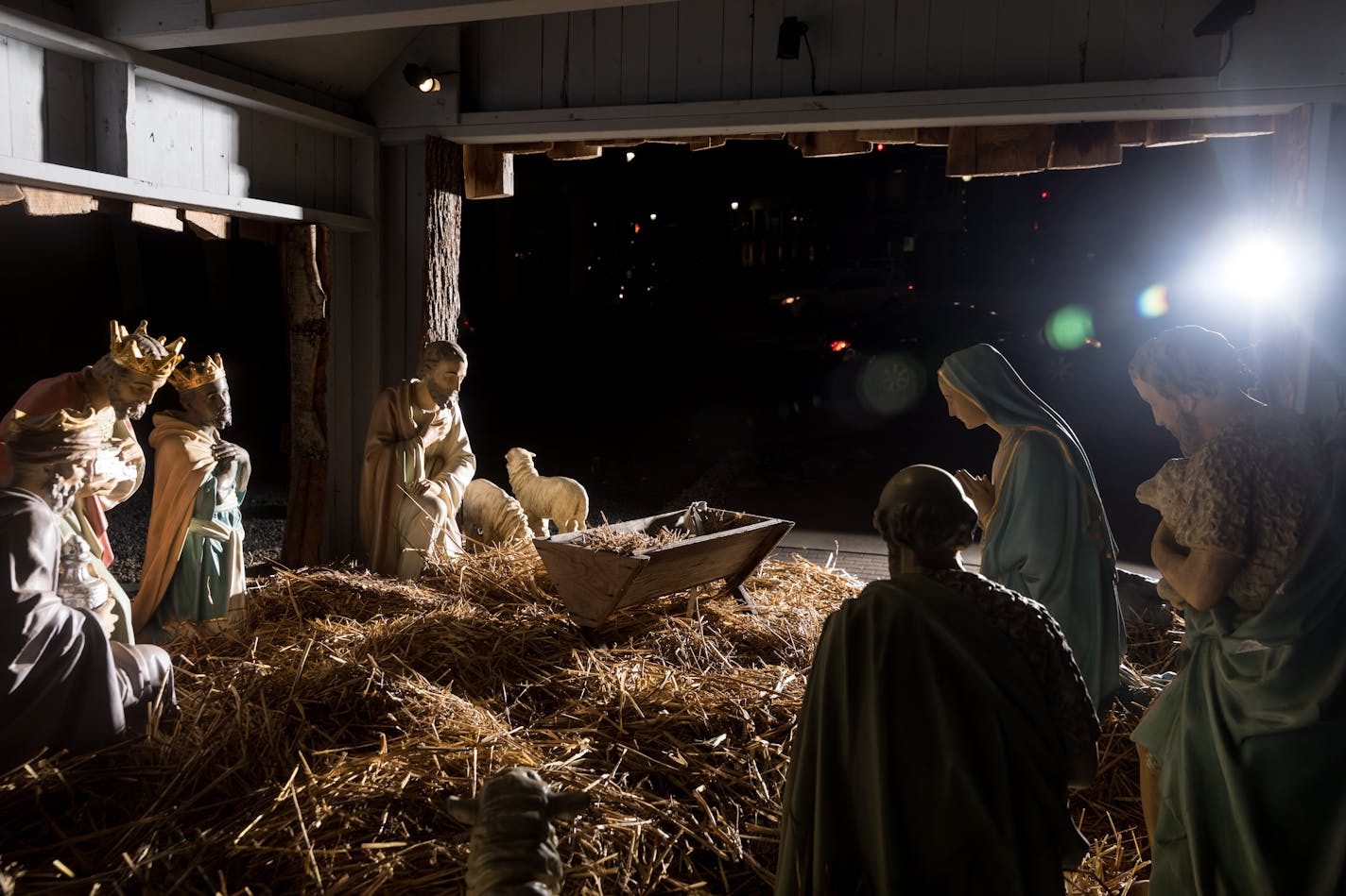 A Nativity scene, without the statue of the baby Jesus, in St. Cloud. The figurine was stolen in recent weeks, part of a national trend that is rattling Christian communities and prompting owners of holiday displays to bolster security with video surveillance, tethers and, in some places, GPS devices.