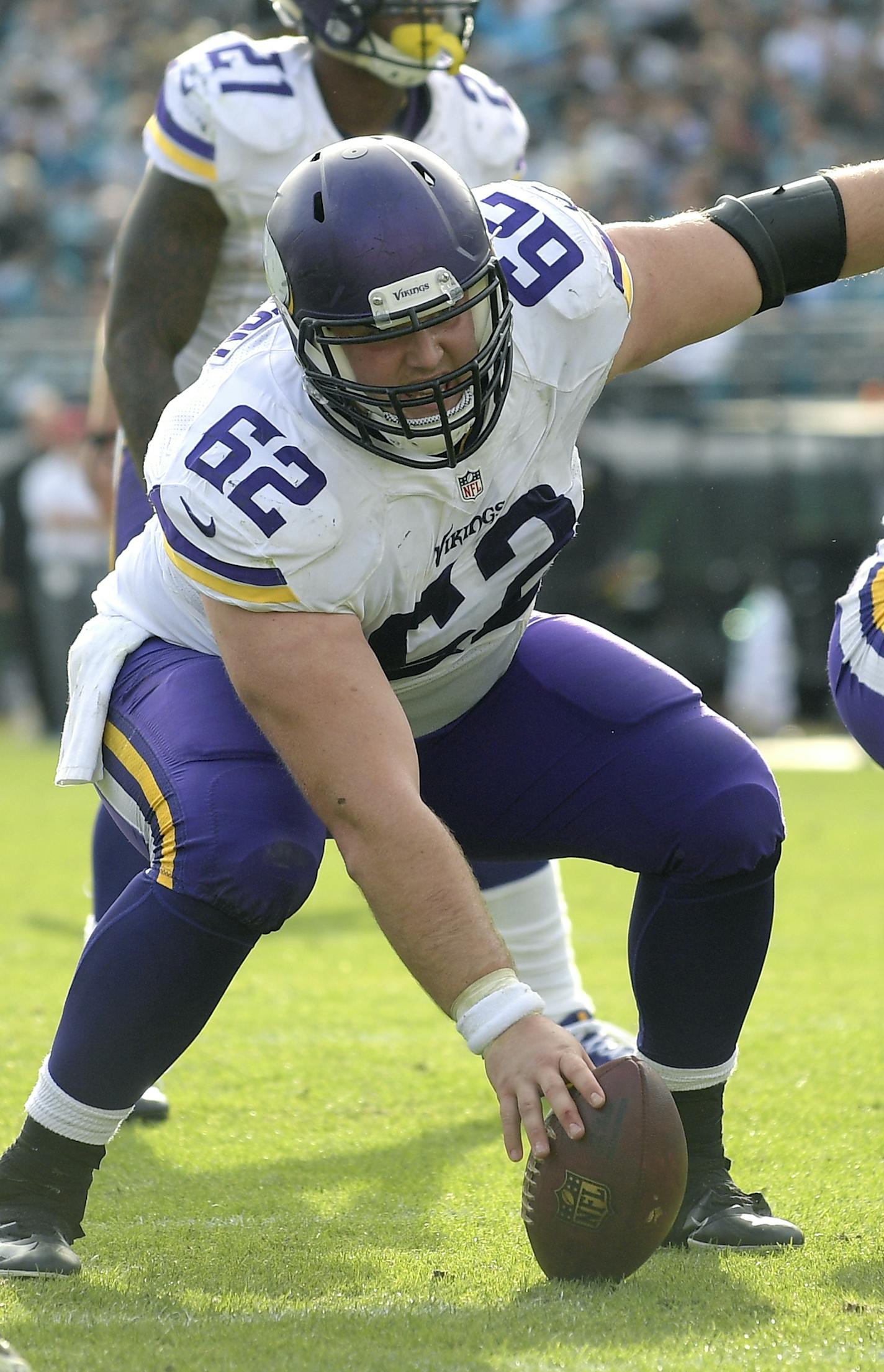 Minnesota Vikings center Nick Easton (62) and offensive guard Alex Boone (76) set up to bock in front of Jacksonville Jaguars outside linebacker Telvin Smith (50) during the second half of an NFL football game in Jacksonville, Fla., Sunday, Dec. 11, 2016. The Vikings won 25-16. (AP Photo/Phelan M. Ebenhack)