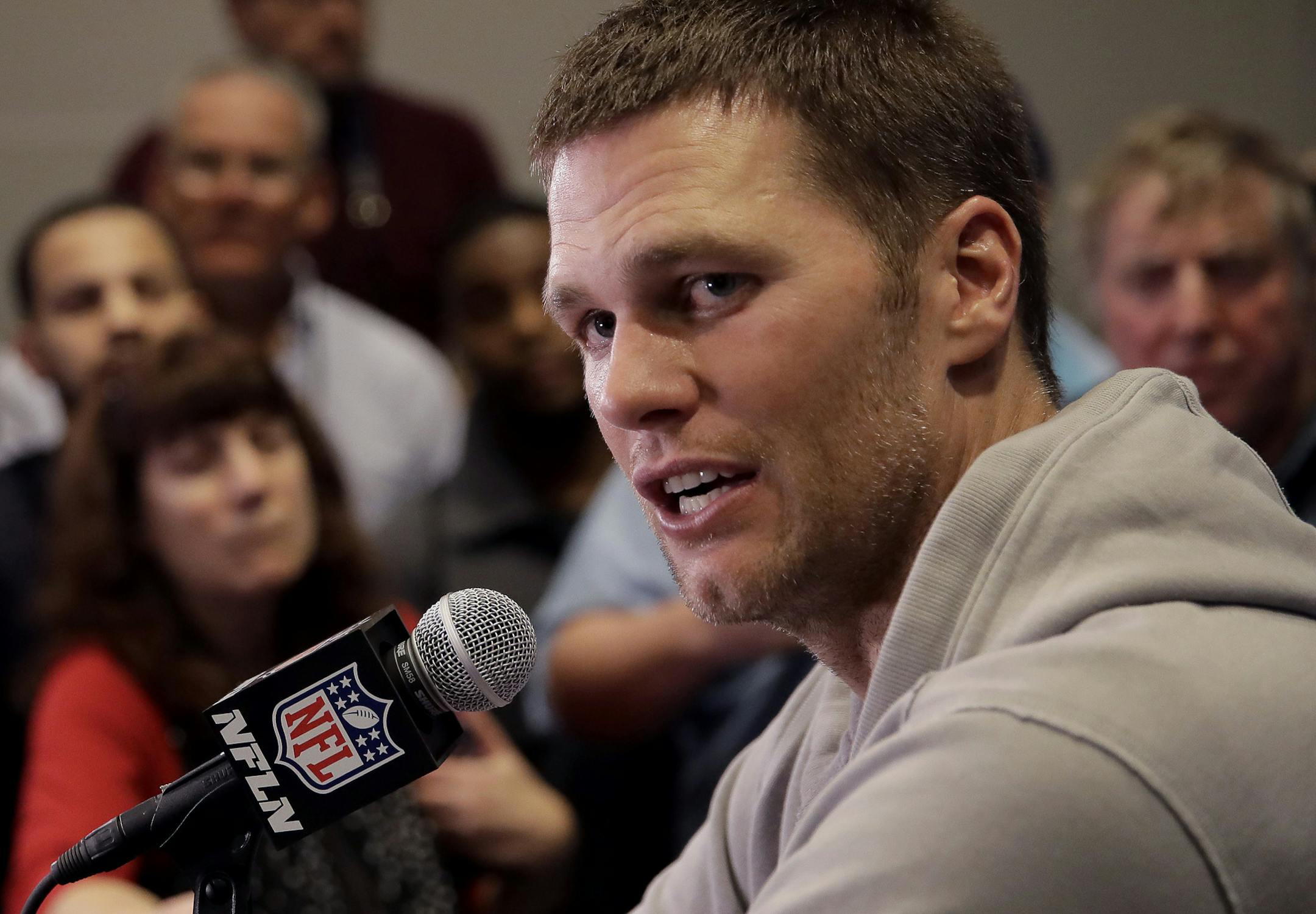 New England Patriots quarterback Tom Brady does an interview during a media availability for the NFL Super Bowl 51 football game Wednesday, Feb. 1, 2017, in Houston. The Patriots will face the Atlanta Falcons in the Super Bowl Sunday. (AP Photo/Charlie Riedel)