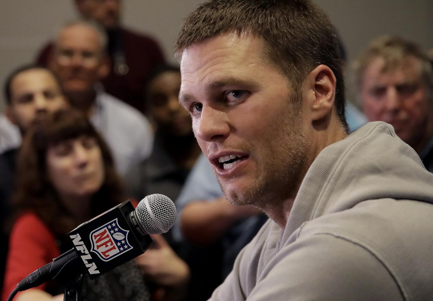 New England Patriots quarterback Tom Brady does an interview during a media availability for the NFL Super Bowl 51 football game Wednesday, Feb. 1, 2017, in Houston. The Patriots will face the Atlanta Falcons in the Super Bowl Sunday. (AP Photo/Charlie Riedel)