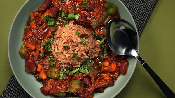 The red beans and chorizo stew tastes great topped with a scoop of red rice. Okra gives the stew additional texture. (Shannon Kinsella/food styling) (