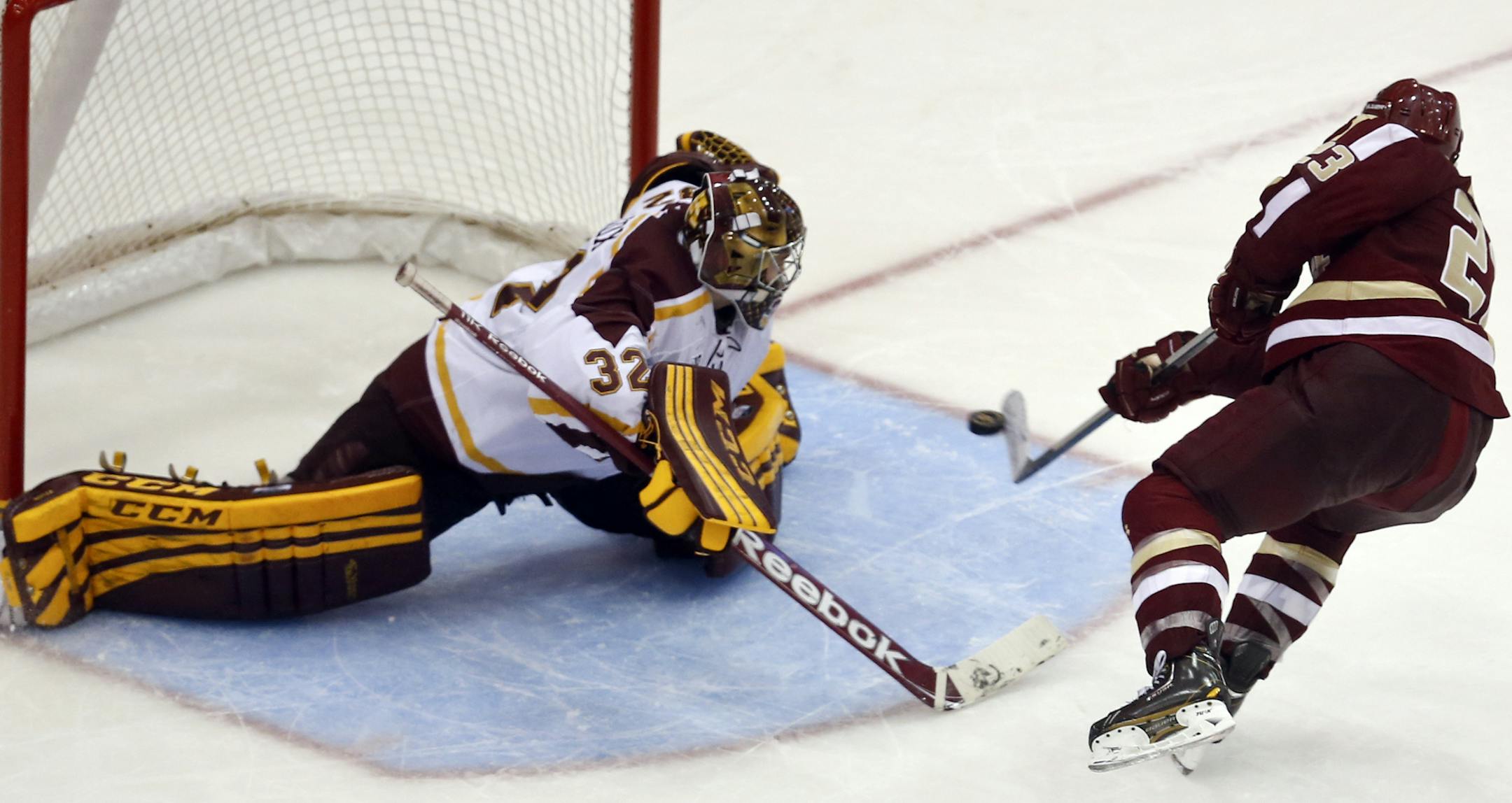 Boston College bested the University of Minnesota during a shootout after the game was tied 3-3 after overtime Friday, Oct. 25, 2013, at Mariucci Arena in Minneapolis, MN. Here, BC's Patrick Brown snuck the puck past Minnesota goalie Adam Wilcox for the winner.](DAVID JOLES/STARTRIBUNE) djoles@startribune.com University of Minnesota versus Boston College in men's hockey at Mariucci Arena Friday, Oct. 25, 2013, in Minneapolis, MN.