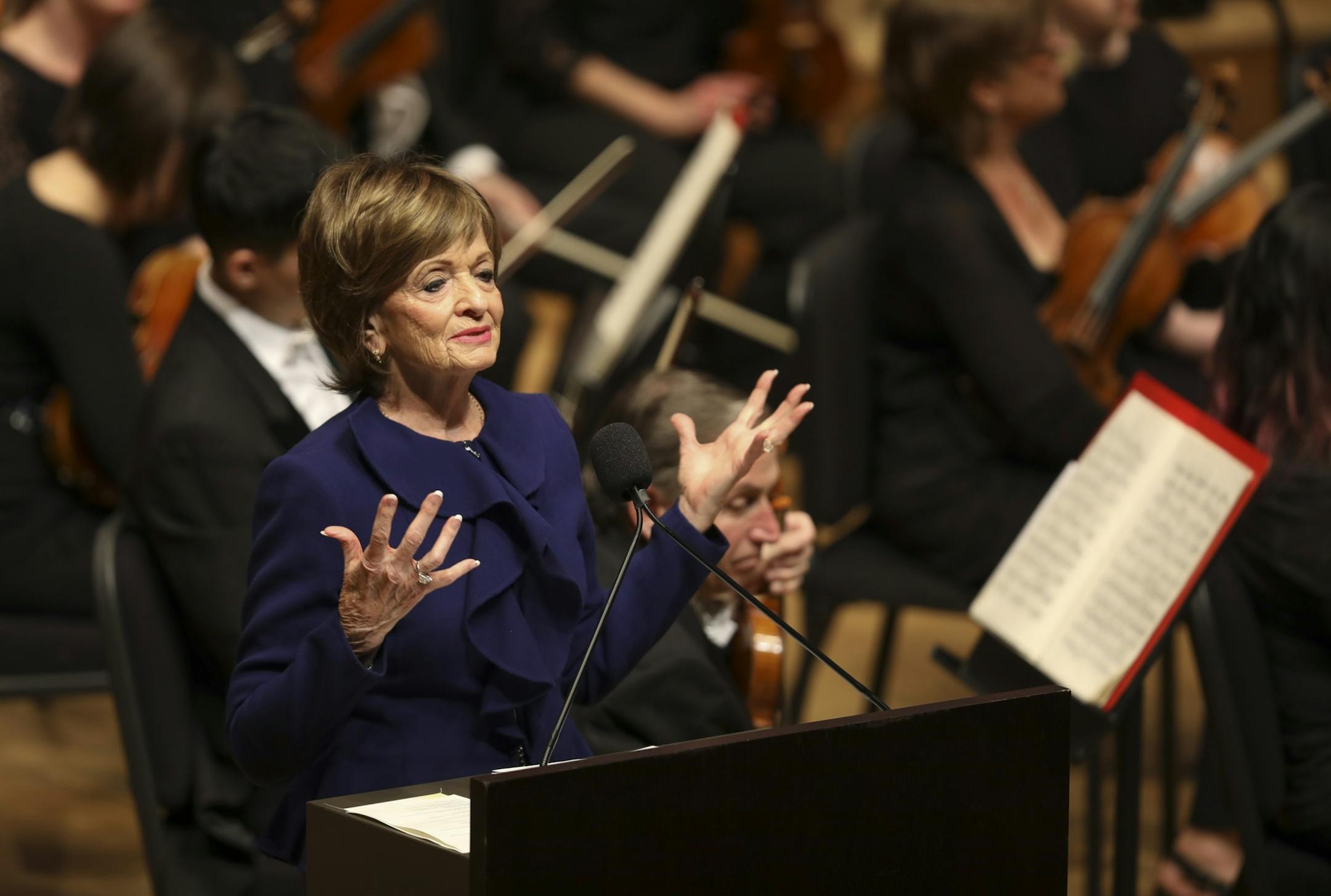 Marilyn Carlson Nelson, Chair of the Minnesota Orchestra's Board of Directors, eulogized Conductor Laureate Stanislaw Skrowaczewski before reading the Maya Angelou poem "When Great Trees Fall."