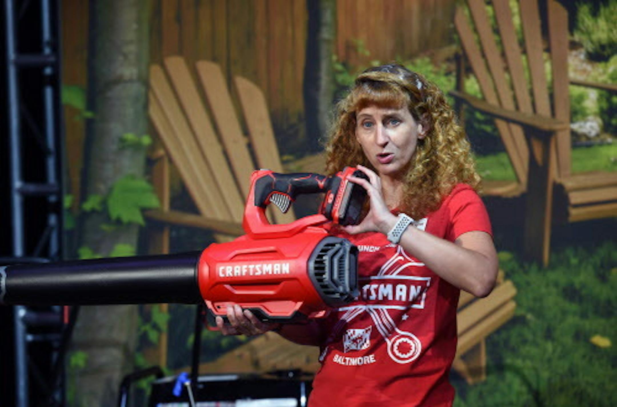 Christine Potter, vice president of outdoor power equipment, talks about the Craftsman blower and the battery system that powers many of their tools, on Aug. 16, 2018. Stanley Black & Decker, which bought Sears' Craftsman tool line last year, relaunched the brand at the Craftsman Garage in Middle River. (Kim Hairston/Baltimore Sun/TNS) ORG XMIT: 1238394