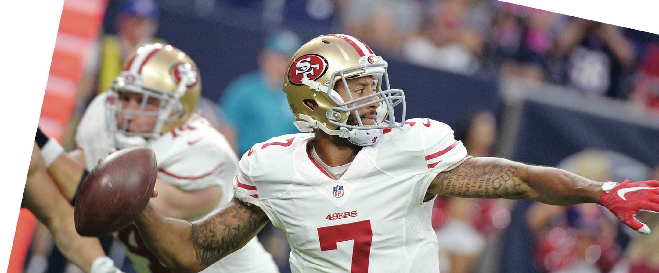 San Francisco 49ers' Colin Kaepernick (7) throws against the San Francisco 49ers during the first half of an NFL preseason football game, Saturday, Aug. 15, 2015, in Houston. (AP Photo/George Bridges) ORG XMIT: TXEG110