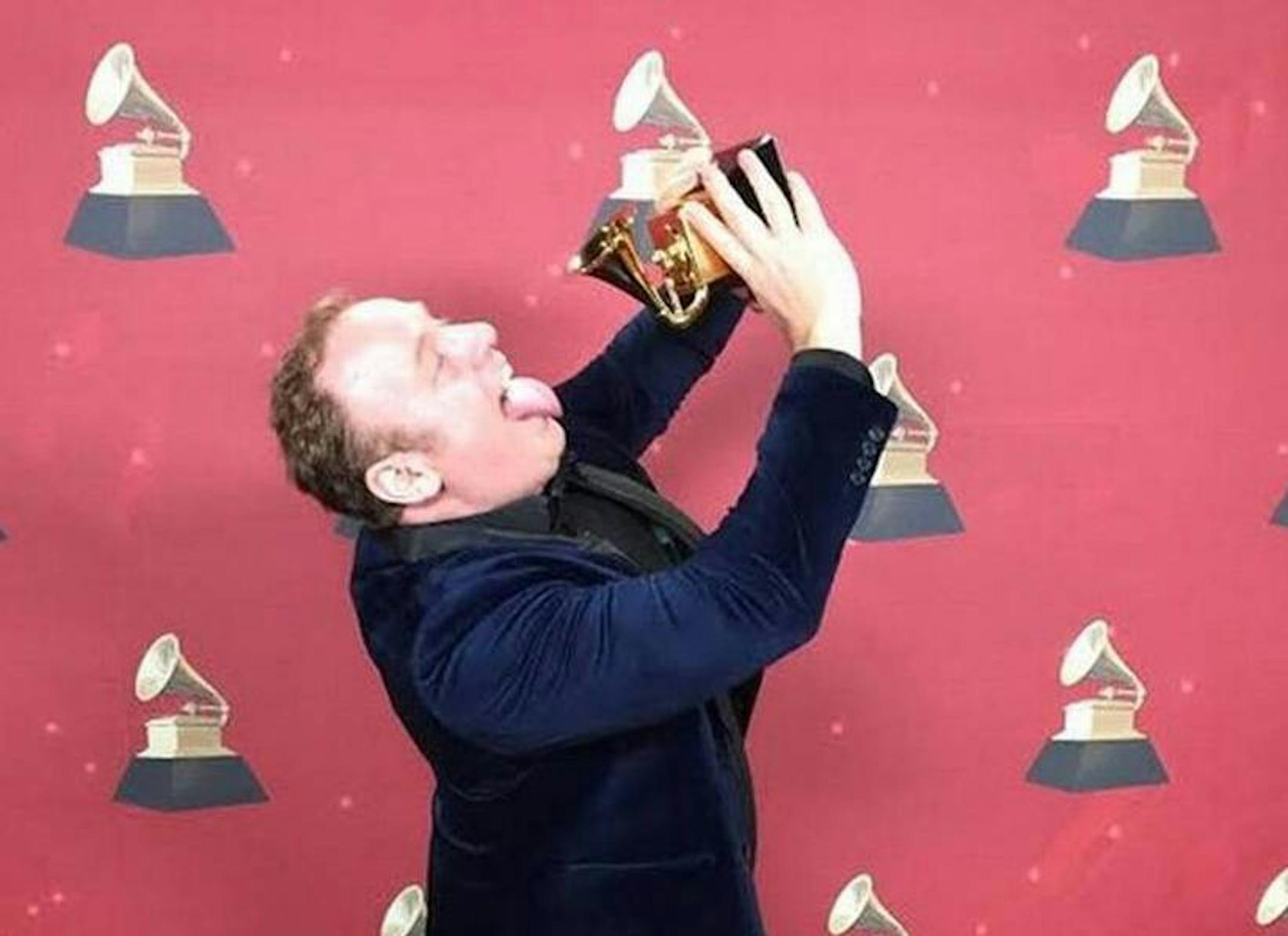 Lucas Meachem goofed around with his Grammy after winning Sunday in Los Angeles. (Photo provided by Meachem family)
