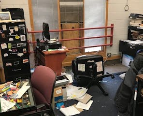 Vandals broke into the Nawayee Center School in south Minneapolis over the Thanksgiving break, destroying art work, trashing offices and stealing two 
