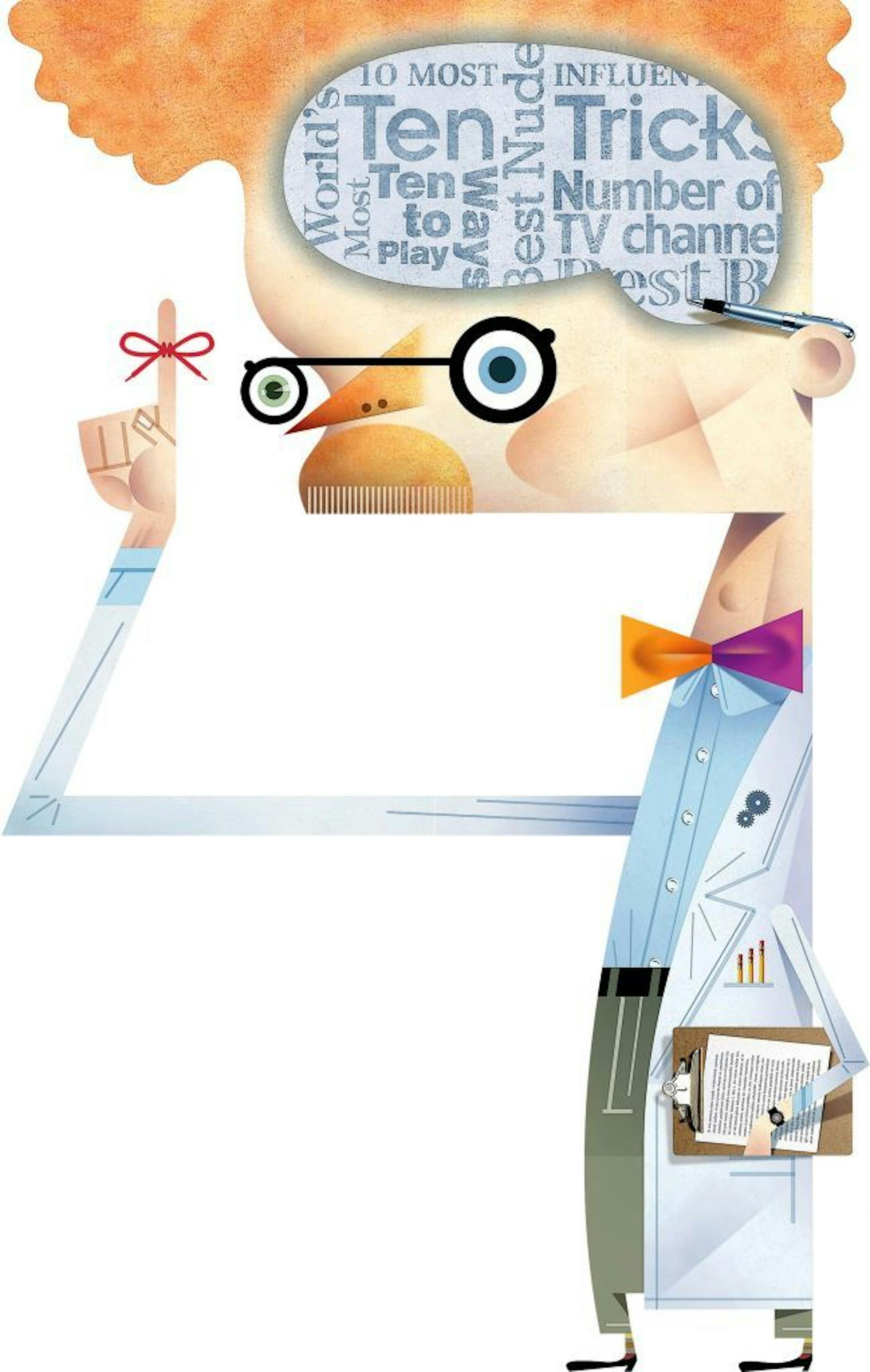 300 dpi Val B. Mina color illustration of scientist with a brain full of memorized lists holding up finger tied with string. The Sacramento Bee 2007<p> KEYWORDS: memory science illustration test scientist testing mind brain quiz aging alzheimers dimensia power thinking think thought idea remember remembering string finger clipboard bowtie doctor lab 07000000, HTH, krthealth health, 07001006, 07008000, HEA, krtalzheimer alzheimer's disease alzheimer, krtdisease disease, krtmedicine medicine, prev