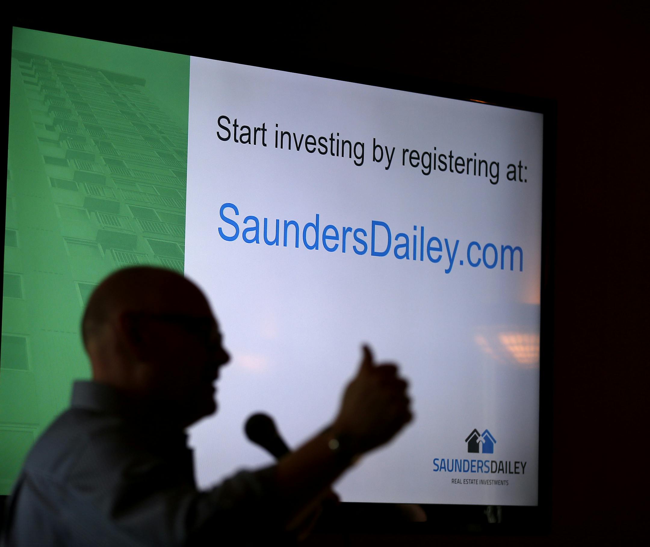 Marshall Saunders spoke at a launch party for the Saundersdailey. ] CARLOS GONZALEZ cgonzalez@startribune.com - July 14, 2015, Minneapolis, MN, Marshall Saunders, former broker at ReMax Results, launches the first crowd funding site for real estate investors in the Midwest. At a launch party for the Saundersdailey, Marshall Saunders will make a presentation.