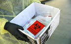 A Florida Department of Health worker holds a box with coronavirus test swabs in Miami on May 7, 2020. (David Santiago/Miami Herald/TNS) ORG XMIT: 165
