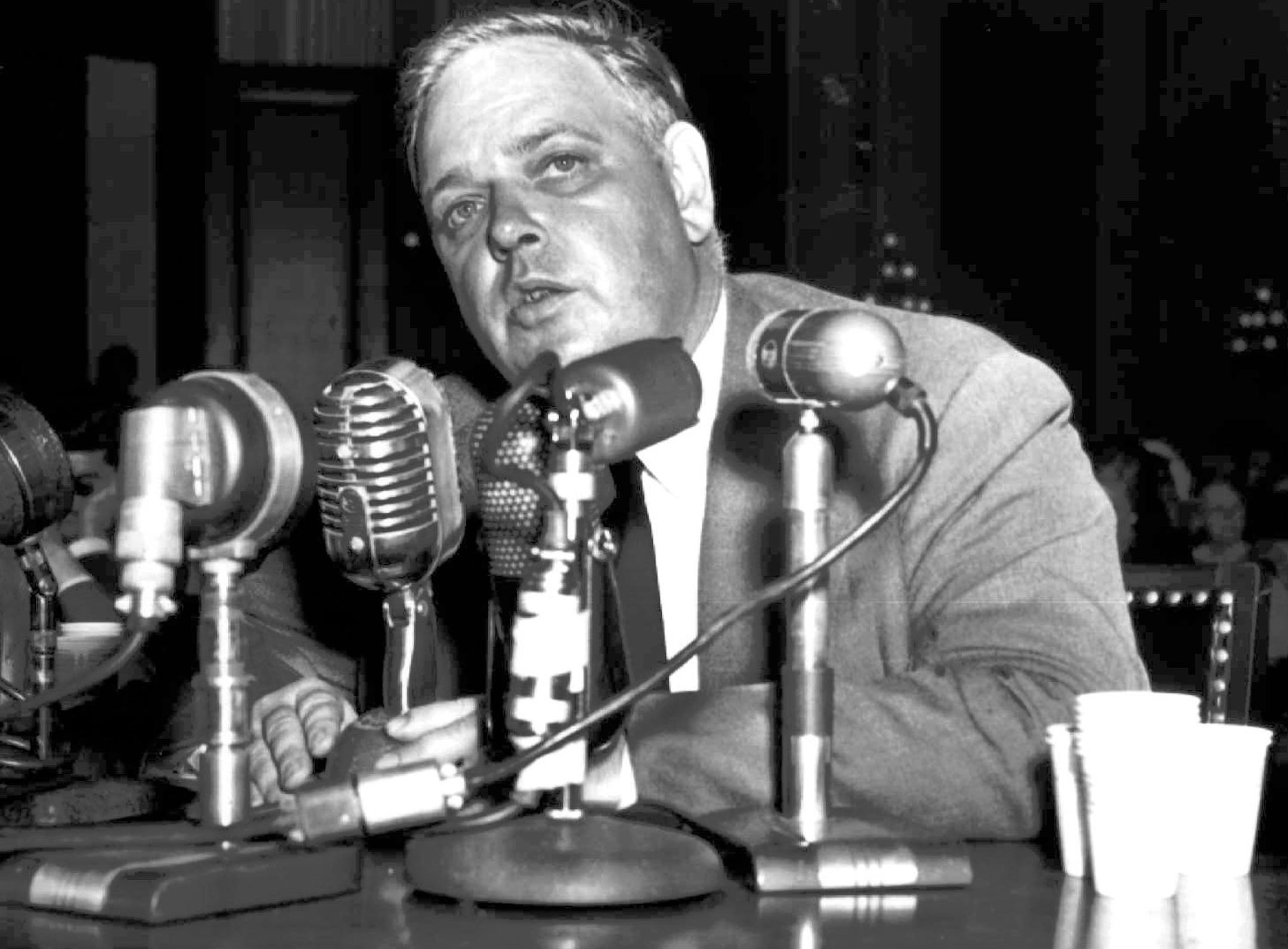FILE--Whittaker Chambers, shown in this Aug. 3, 1948 file photo testifying before a House investigation committee in Washington, alleged that he had been given State Department secrets by Alger Hiss, who died Friday afternoon, Nov. 15, 1996, in New York. Hiss, the patrician public servant who fell from grace in a Communist spy scandal that propelled Richard Nixon to higher office, was 92. (AP Photo/file) ORG XMIT: NY36