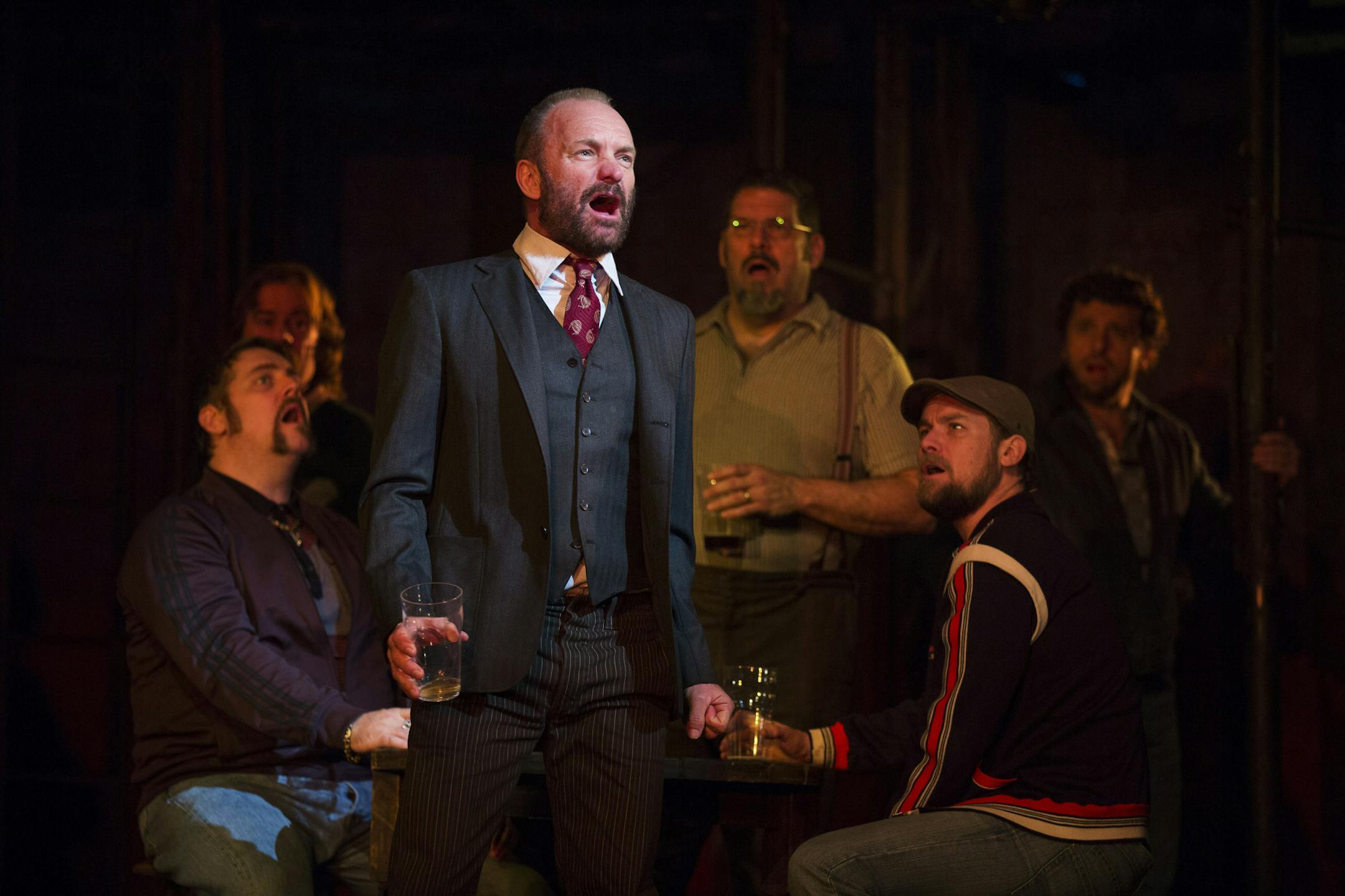 The veteran rock star Sting performs in the Broadway show “The Last Ship,” in New York, Dec. 9, 2014. Sting, the composer of the evocative score for this ambitious musical about a shipbuilding town in decline, has clambered aboard, taking over the role originally played by a good friend, the actor Jimmy Nail, through Jan. 24. (Damon Winter/The New York Times) ORG XMIT: XNYT41