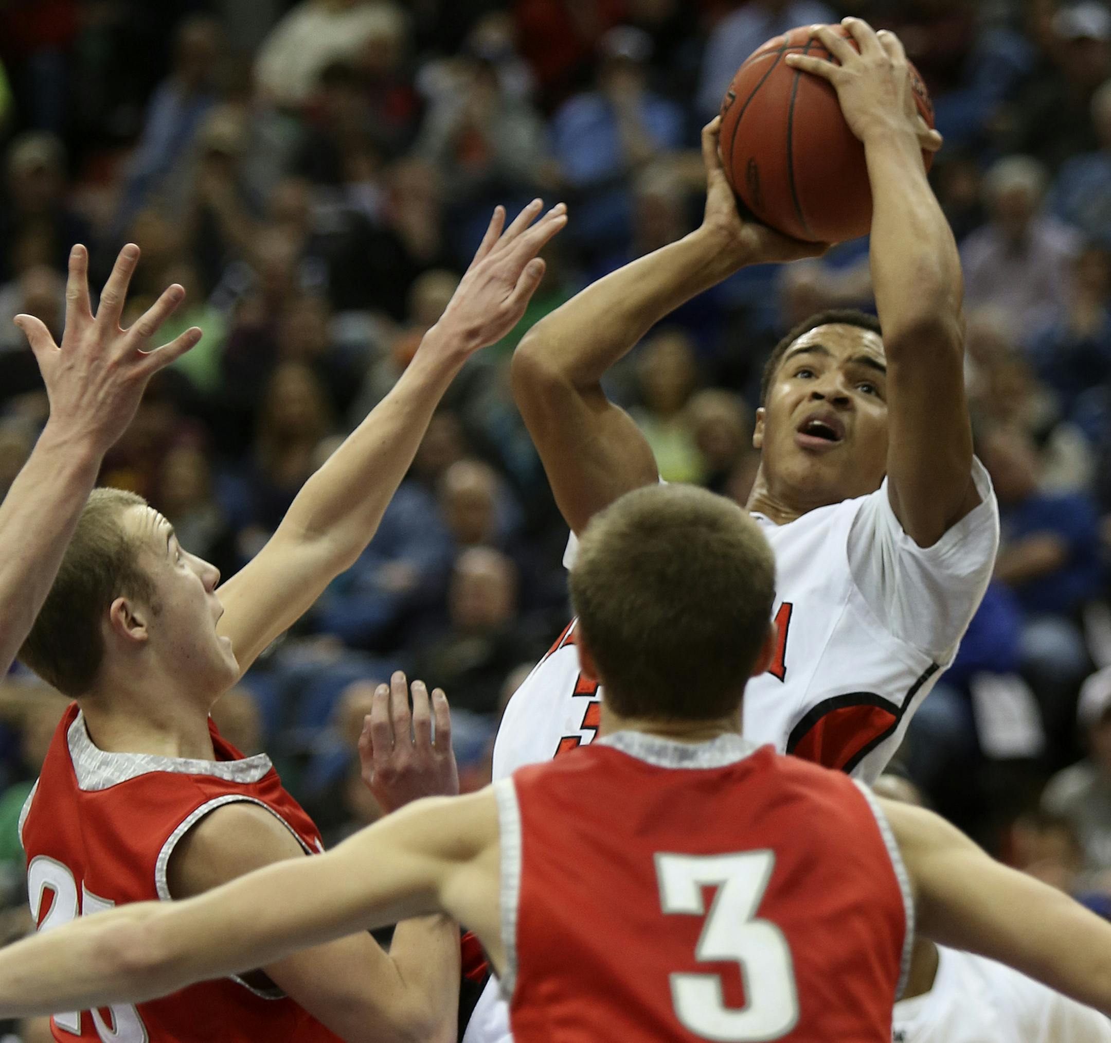 Minnehaha's Kaharri Carter took his shot above the Annadale defense during the first half of the Class 2A semifinals at the Target Center in Minneapolis, Min., Friday, March 22, 2013. ] (KYNDELL HARKNESS/STAR TRIBUNE) kyndell.harkness@startribune.com