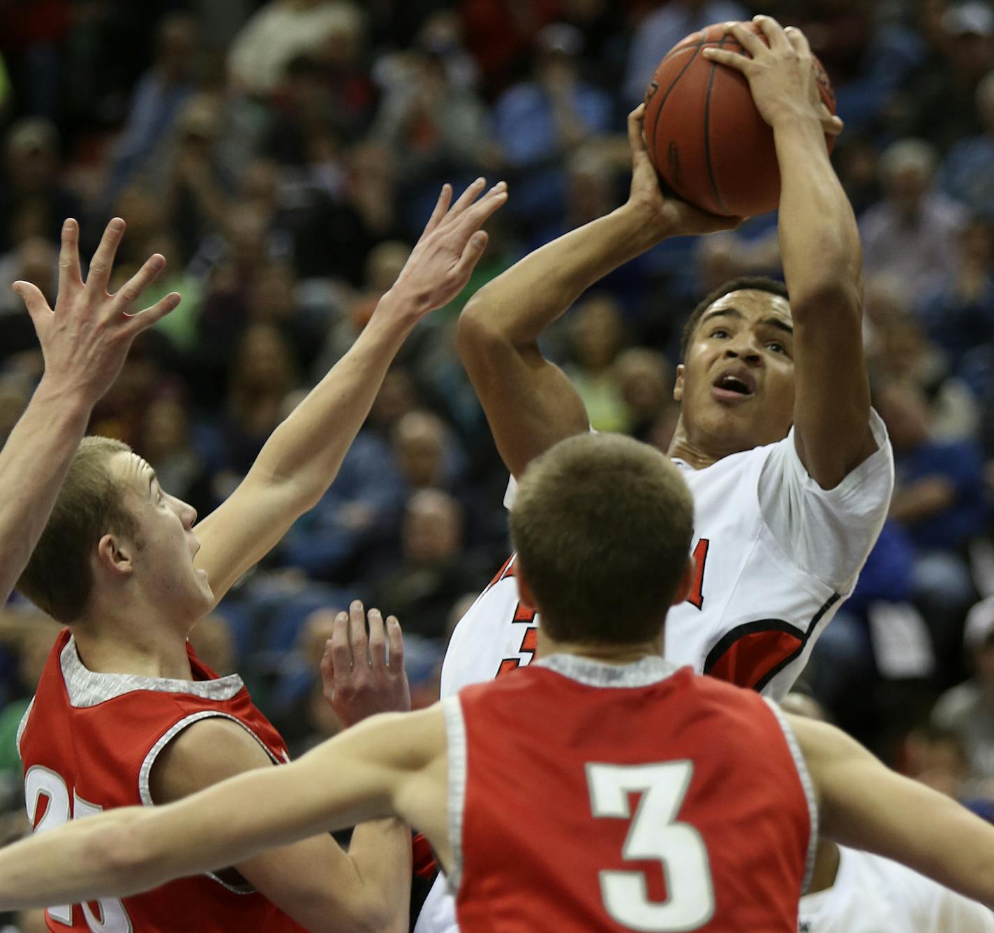 Minnehaha's Kaharri Carter took his shot above the Annadale defense during the first half of the Class 2A semifinals at the Target Center in Minneapolis, Min., Friday, March 22, 2013. ] (KYNDELL HARKNESS/STAR TRIBUNE) kyndell.harkness@startribune.com