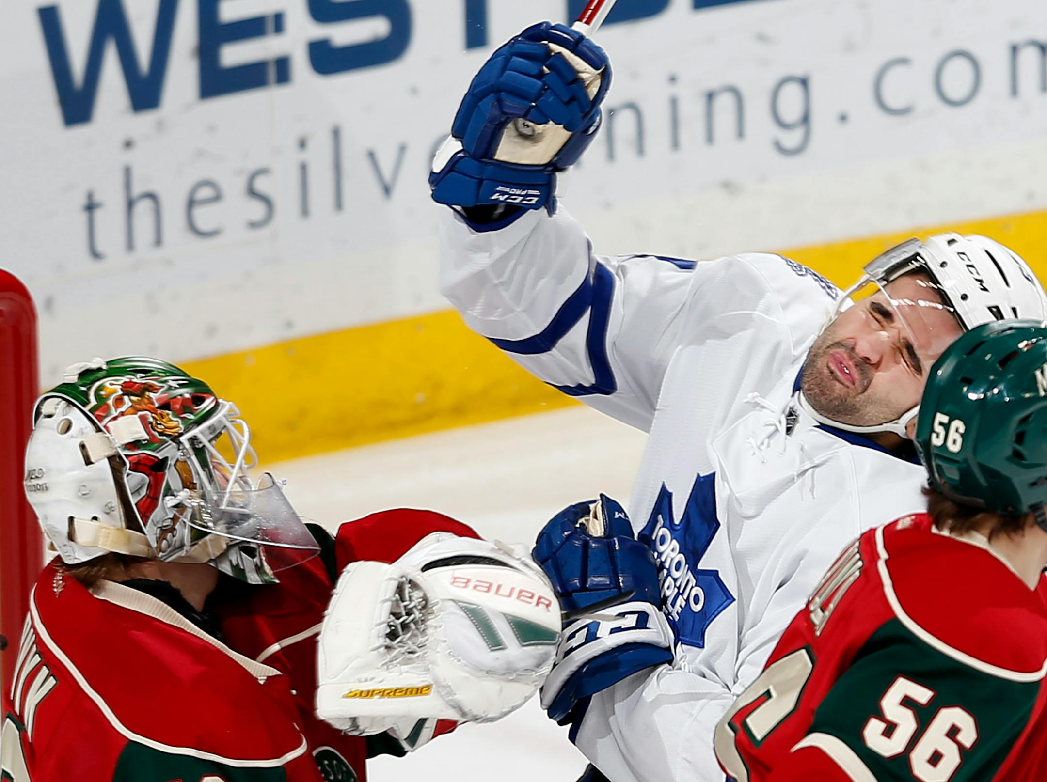Wild goalie Devan Dubnyk, left, was called for roughing on Toronto's Nazem Kadri (43) in the second period. Dubnyk was otherwise sensational, making 28 saves in shutting out the Maple Leafs 1-0 at Xcel Energy Center on Thursday.
