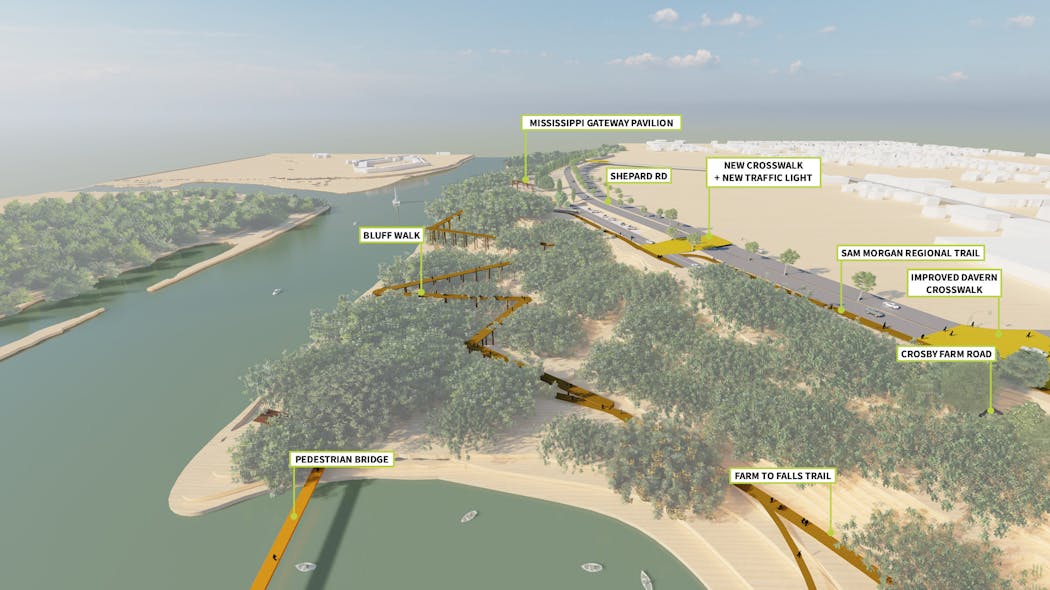 A rendering of designers' third option shows a picturesque bluff walk, which they say provides a pedestrian experience from bluff to the river.