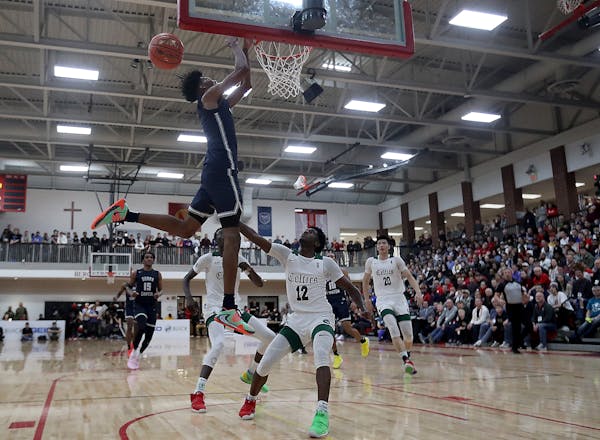 Zaire Williams of Sierra Canyon, misses on an alley pop dunk during the second quarter against Patrick School Friday, Jan. 3, 2020, at Minnehaha Acade