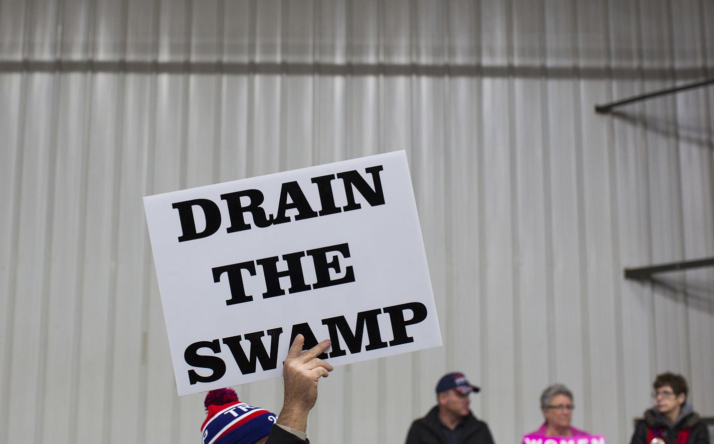 FILE - In this Oct. 27, 2016, file photo, supporters of then-Republican presidential candidate Donald Trump hold signs during a campaign rally in Springfield, Ohio. President-elect Donald Trump&#xed;s campaign promise to &#xec;drain the swamp&#xee; of Washington might make it difficult for him to fill all the jobs in his administration. (AP Photo/ Evan Vucci, file) ORG XMIT: WX203 ORG XMIT: MIN1612051628005024