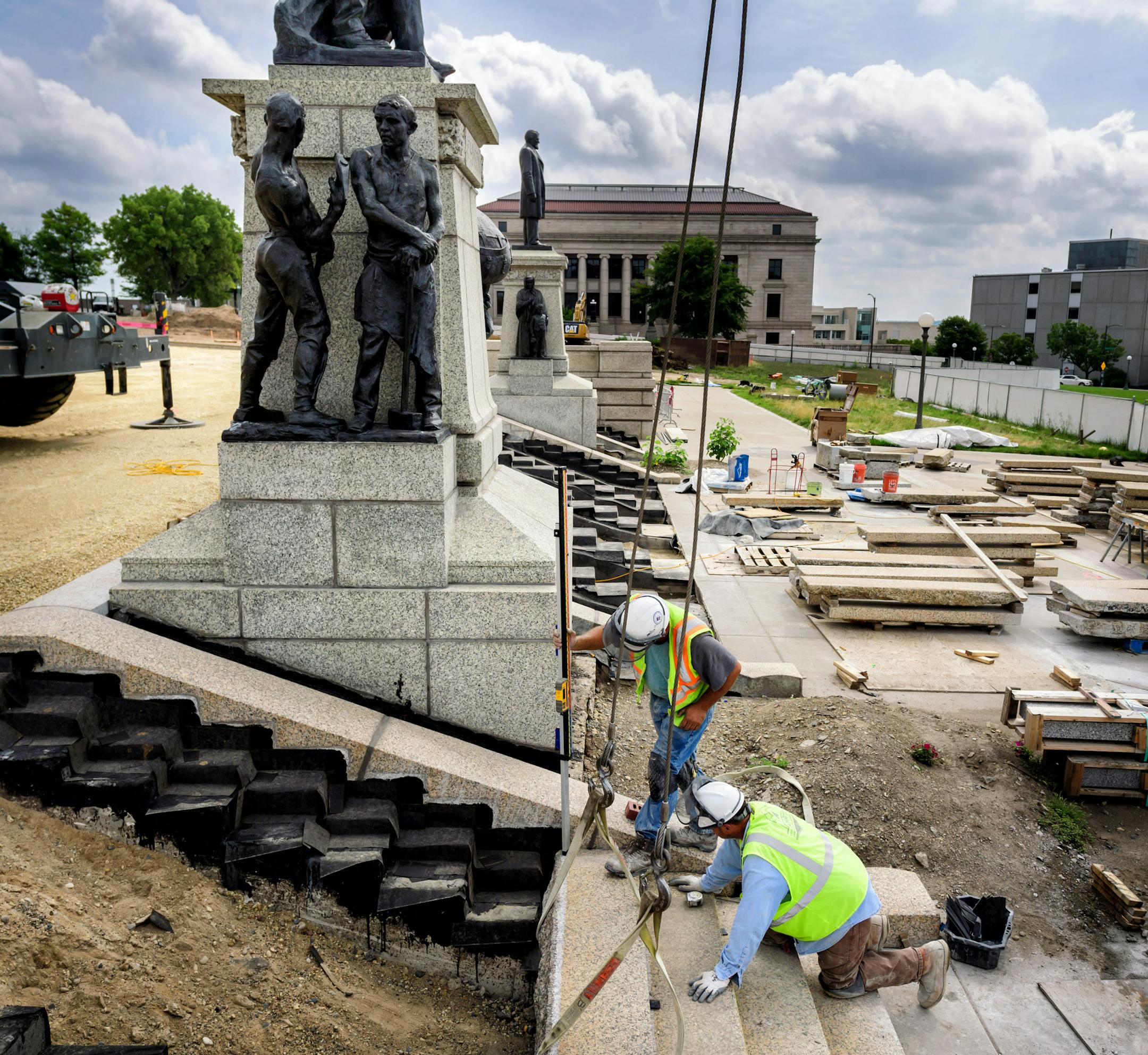 Steps were being restored on the south side of the Capitol and new concrete was poured. Each one-ton granite tread, or step, had to be removed to repair the footings.