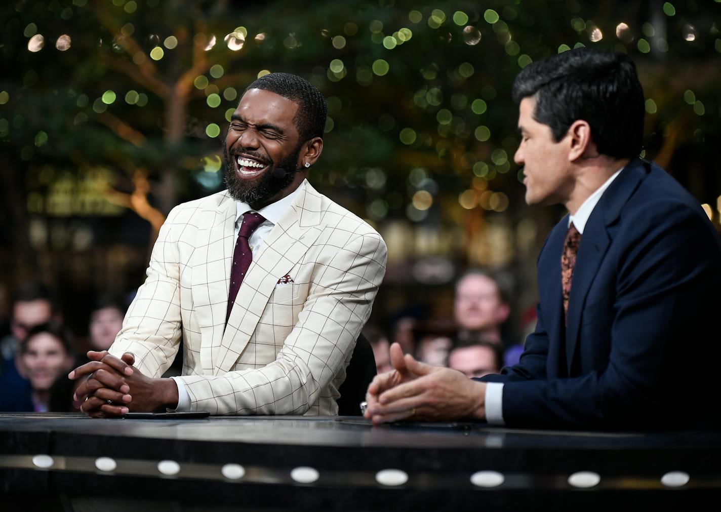 Former NFL wide receiver Randy Moss joked with former linebacker Tedy Bruschi Thursday during an appearance on Sports Center in the IDS Center. ] AARON LAVINSKY &#xef; aaron.lavinsky@startribune.com Randy Moss made an appearance on SportsCenter Thursday, Feb. 1, 2018 at the IDS Center in Minneapolis, Minn.