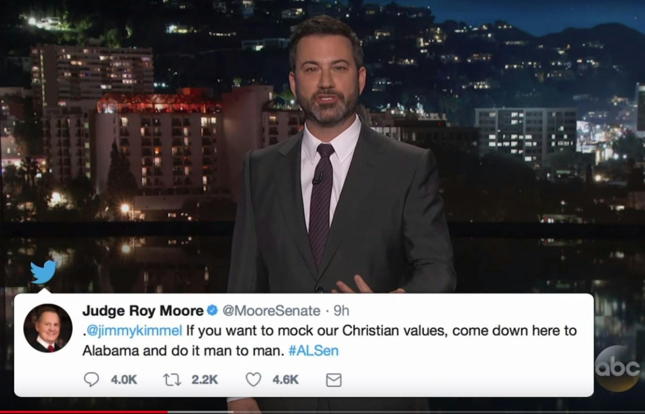 Jimmy Kimmel describes his Twitter war with Alabama GOP Senate candidate Roy Moore.