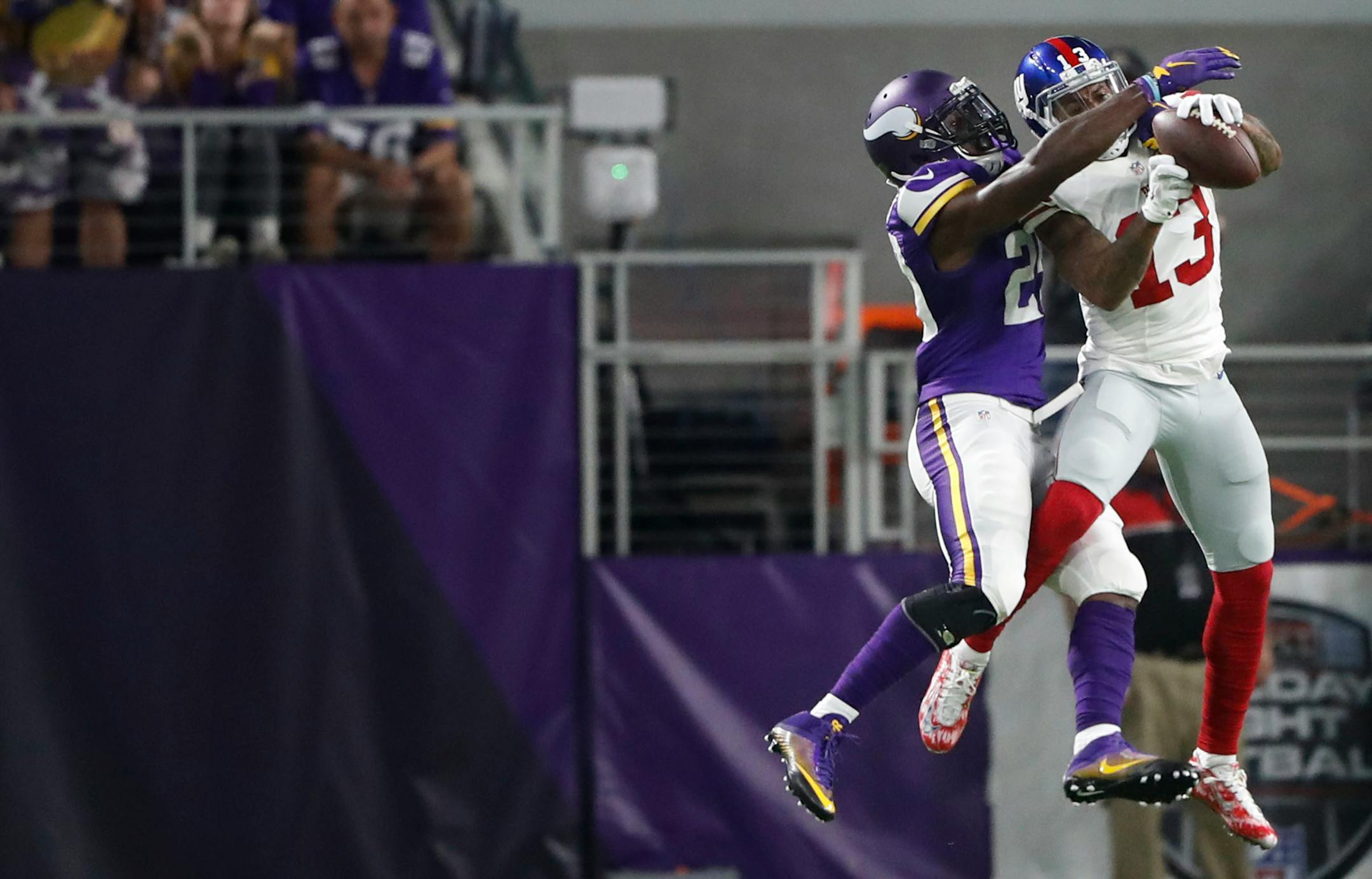 Cornerback Xavier Rhodes deflected a pass away from the Giants&#x2019; Odell Beckham Jr. on Monday and held him to a career-low three catches. Since Mike Zimmer&#x2019;s arrival, the Vikings secondary has vastly improved.