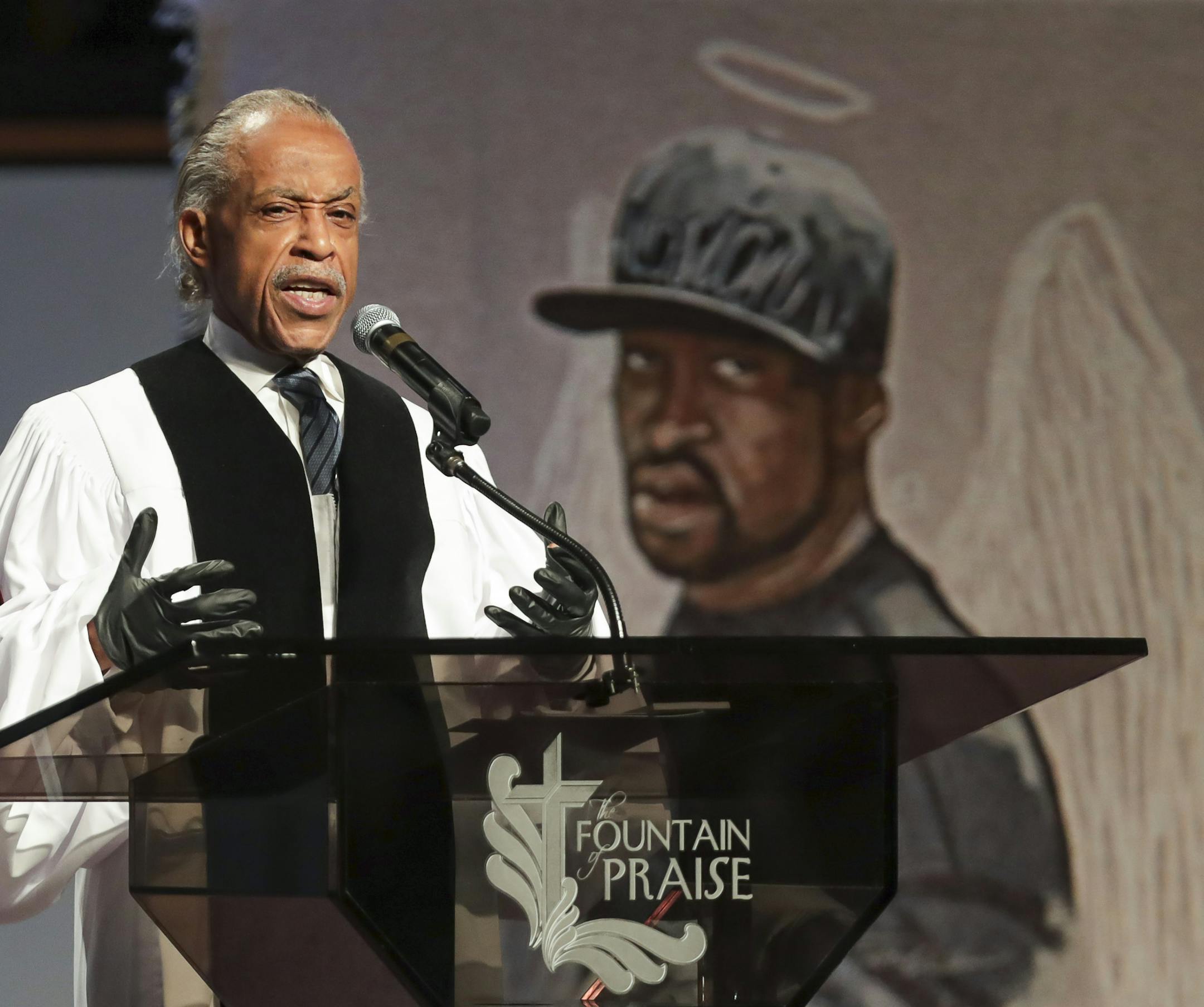 The Rev. Al Sharpton speaks during the funeral for George Floyd on Tuesday, June 9, 2020, at The Fountain of Praise church in Houston. (Godofredo A. Vásquez/Houston Chronicle via AP, Pool)