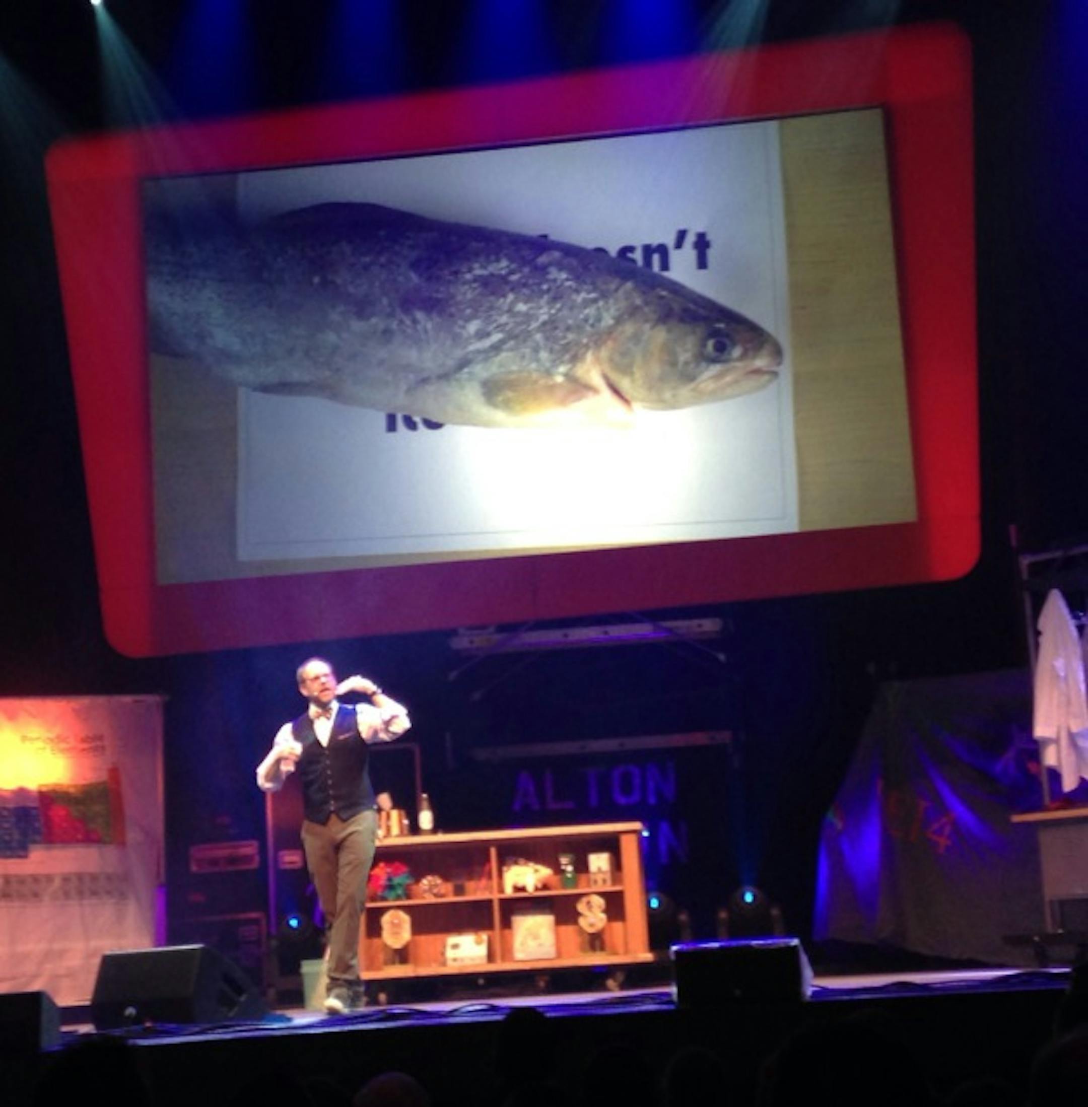 Alton Brown's high-tech version of Power Point, illustrating the trout ice cream. Photo by Lee Svitak Dean.