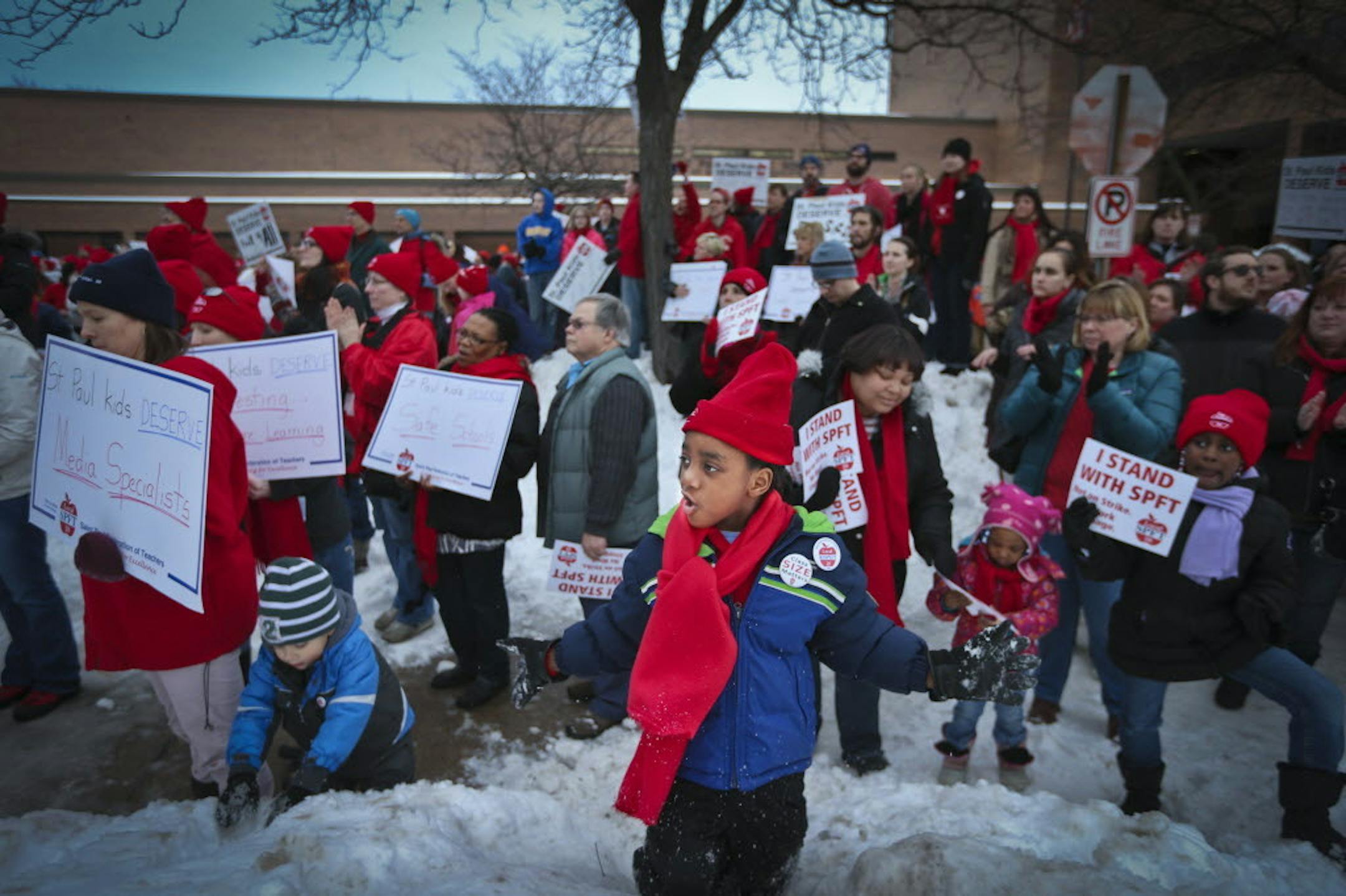 Feb. 18, 2014: Hundreds of teachers, children, parents and supporters of the St. Paul Federation of Teachers rallied in front of the St. Paul school district headquarters.