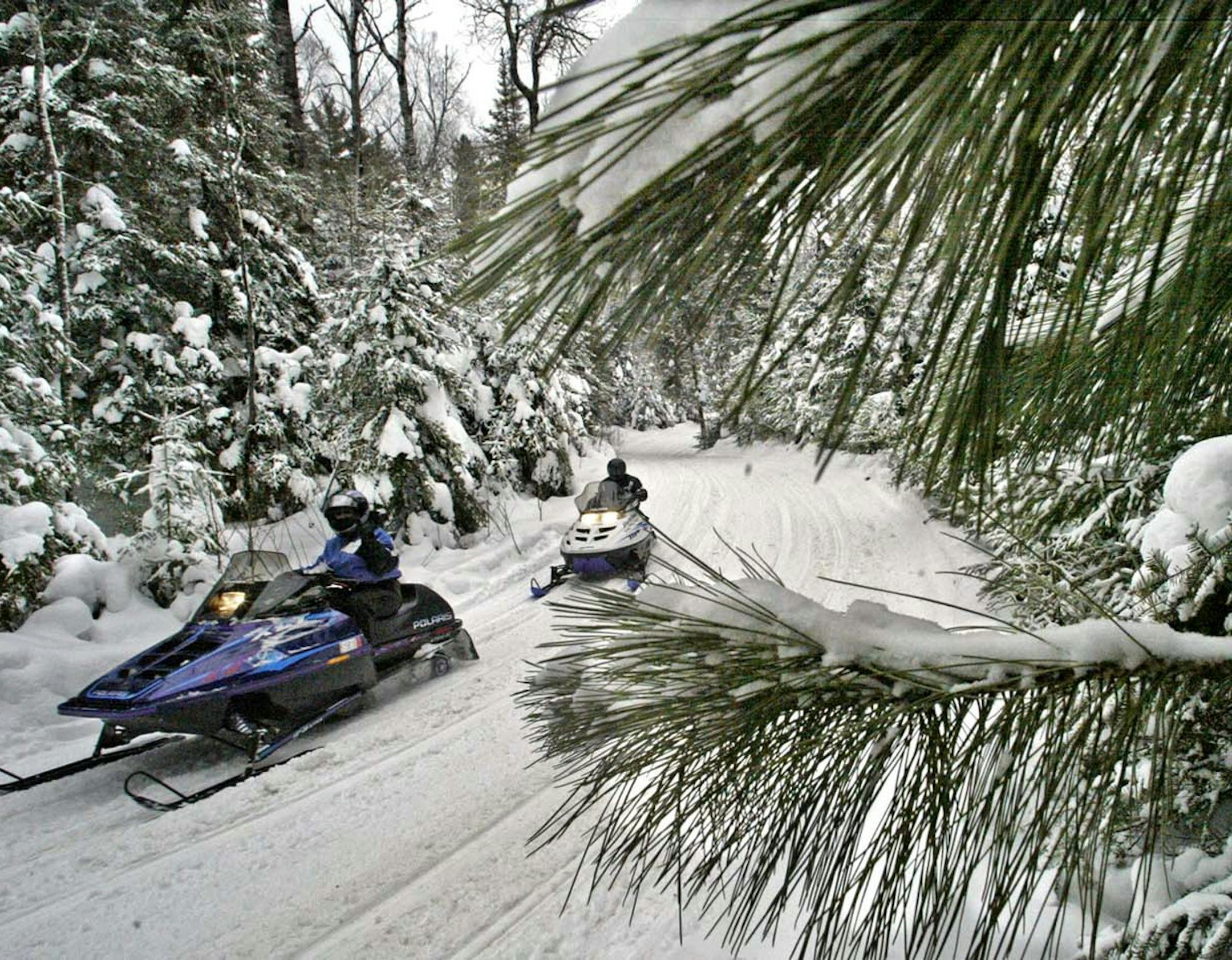 Marlin Levison - Strib 01/29/05 - Assign #93821 - Hundreds of snowmobilers headed to Ely over the weekend to participate in annual Fun Run snowmobile tour following state trails to Babbitt and Tower as well as Ely. Several thousand dollars of cash prizes were awarded to drivers with proceeds of the event to go towards maintaining the area snowmobile trails. Viking mascot Ragnar hosted the drivers. Over 500 sleds were registered to run the 150 mile loop. - IN THIS PHOTO: Sledders head down the Ta