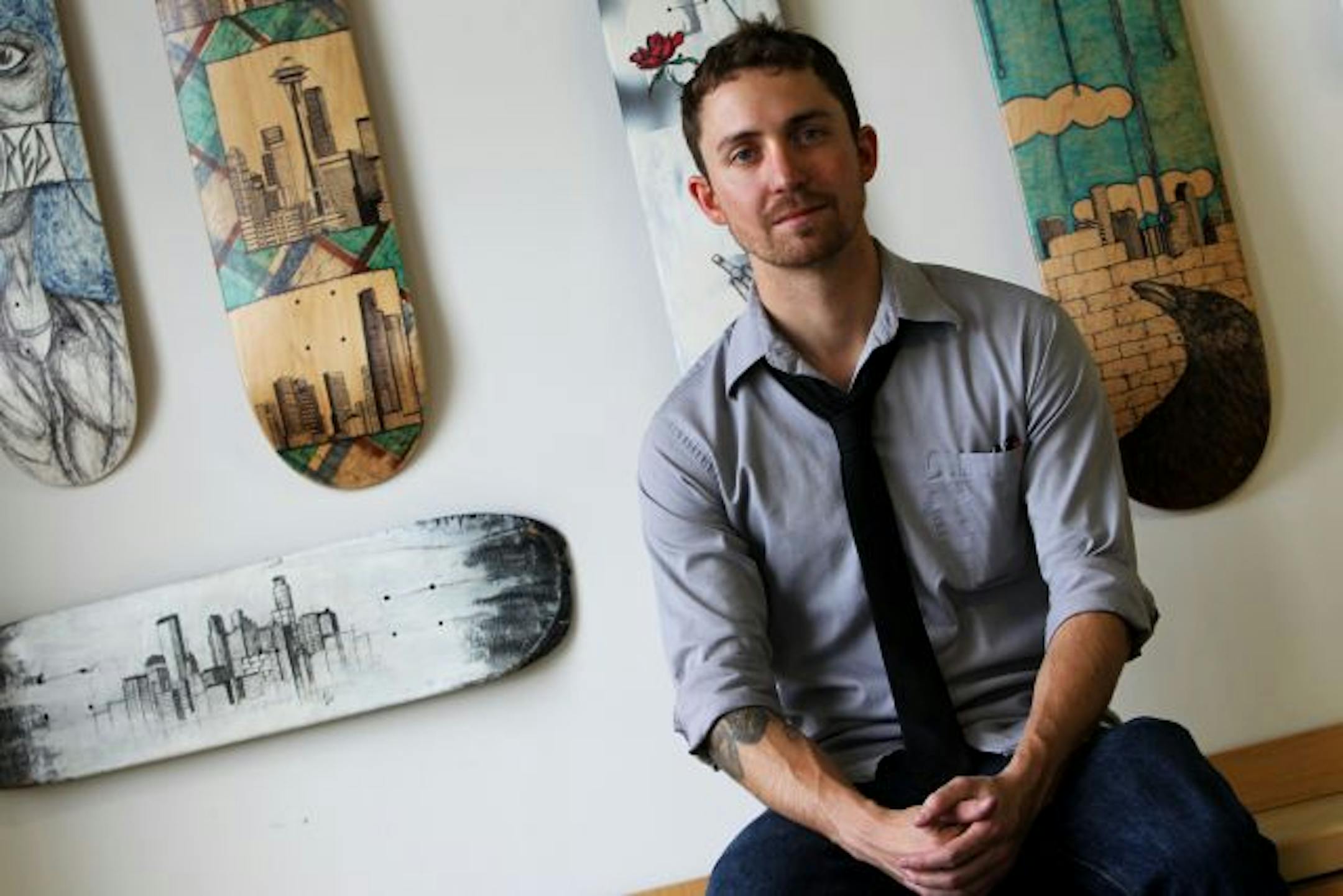 Mark Rivard recently opened Rivard Art Gallery at 2205 NE. California St., Minneapolis. His first works of art were sketches of skylines on skateboards.