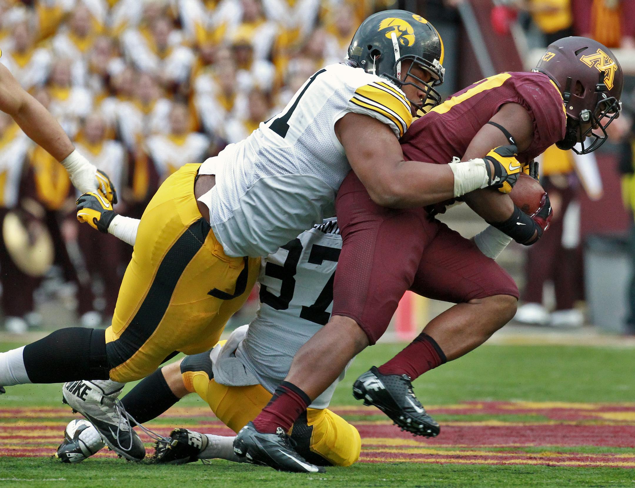 Iowa Hawkeyes va. Minnesota Gophers football. Iowa won 23-7. Minnesota running back David Cobb was held for no gain on a 2nd half rushing play. (MARLIN LEVISON/STARTRIBUNE(mlevison@startribune.com)