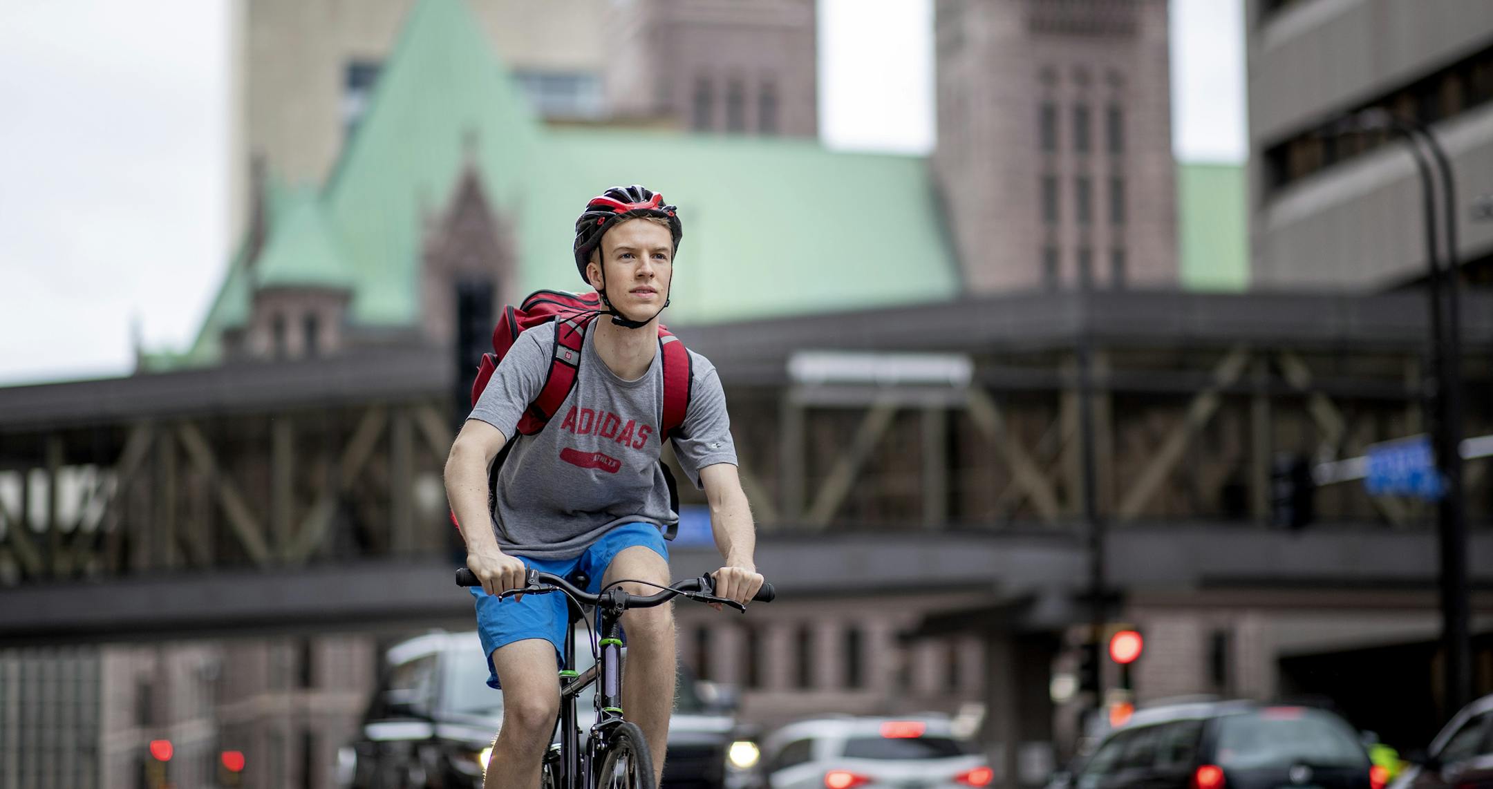 Gordy Moore demonstrated his bike route through downtown Minneapolis. Moore often commutes on his bike form the Whittier Neighborhood to his job in Northeast Minneapolis. ] CARLOS GONZALEZ ¥ cgonzalez@startribune.com Ð Minneapolis, MN Ð April 18, 2019, Gordy Moore, Mr. Moore will be riding his bike from the Whittier Neighborhood in south Mpls. through downtown and over to his job in northeast.