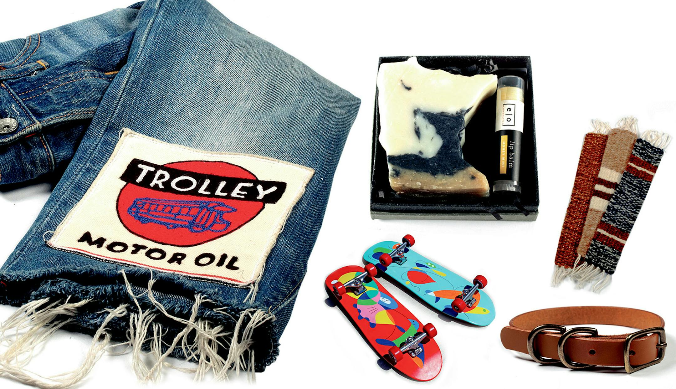 From left: Dinosaur Hampton custom embroidery, Essence One Minnesoapa gift set, Baby Skateboards, Less Traveled Co.'s bookmarks, Leather Works Minnesota dog collar.