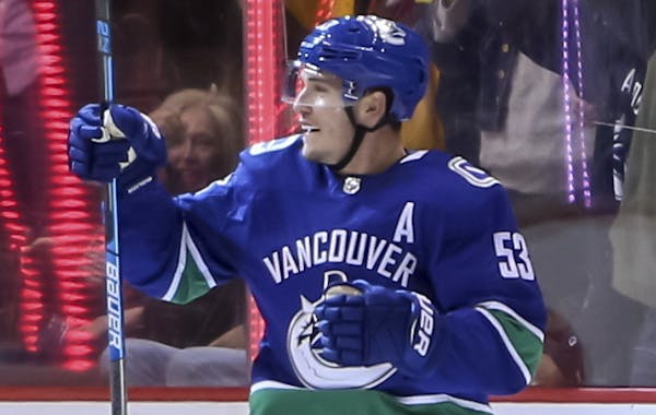 Vancouver Canucks' Bo Horvat (53) celebrates his goal with teammate Alex Biega (55) during first period NHL hockey action against the Dallas Stars, in