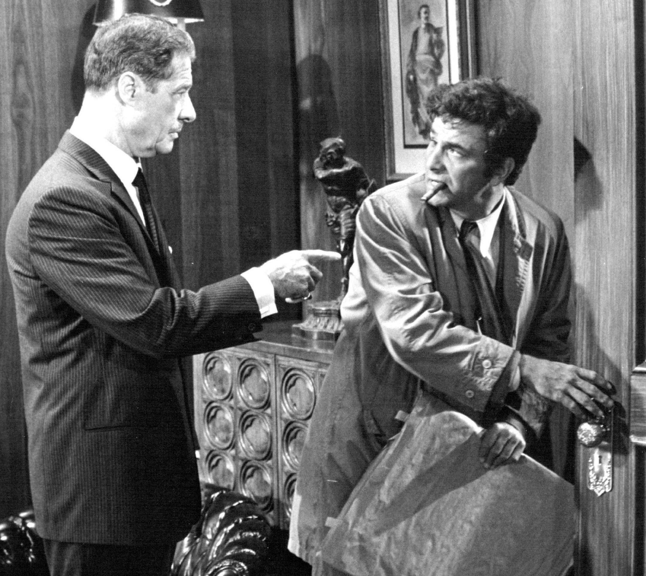 October 15, 1971 Art Critic -- Don Ameche (left) warns Peter Falk to be careful of paintings, in "Suitable for Framing" on NBC- TV's "NBC Mystery Movie" Wednesday, Nov. 17 (in color, 8:30-10 p.m. PT). November 17, 1971 NBC Color Television