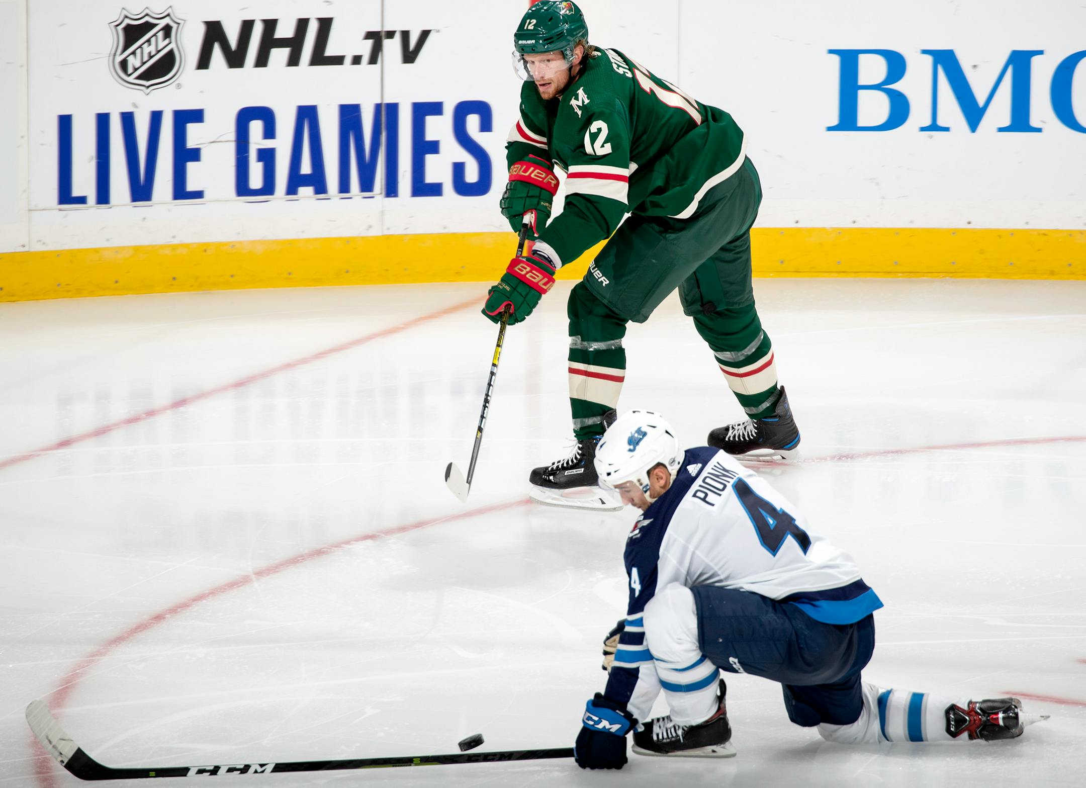 Neal Pionk (4) of the Winnipeg Jets blocked a pass by Eric Staal (12) of the Minnesota Wild in the third period. ] CARLOS GONZALEZ • cgonzalez@startribune.com – St. Paul, MN – September 29, 2019, Xcel Energy Center, NHL Pre Season Hockey, Minnesota Wild vs. Winnipeg Jets