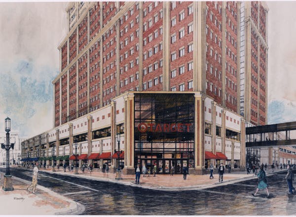 Shown is an architect's sketch of a proposed Target store and office tower on the block between Ninth and Tenth Streets. 1996 handout.