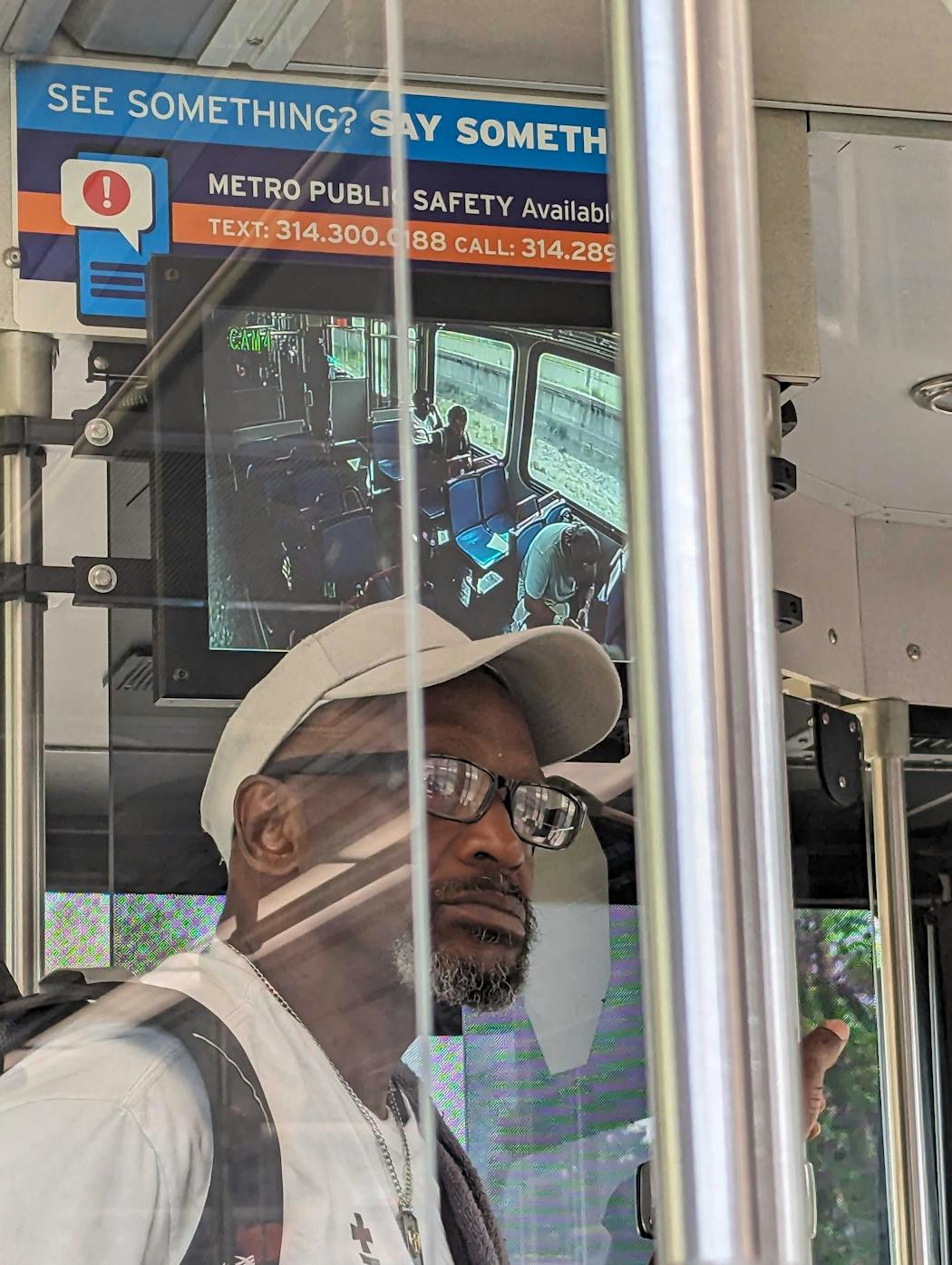 High-resolution color television monitors sit at the front and back of every car on the St. Louis light-rail system, allowing passengers to easily see not only themselves but what is happening in front of and behind them.