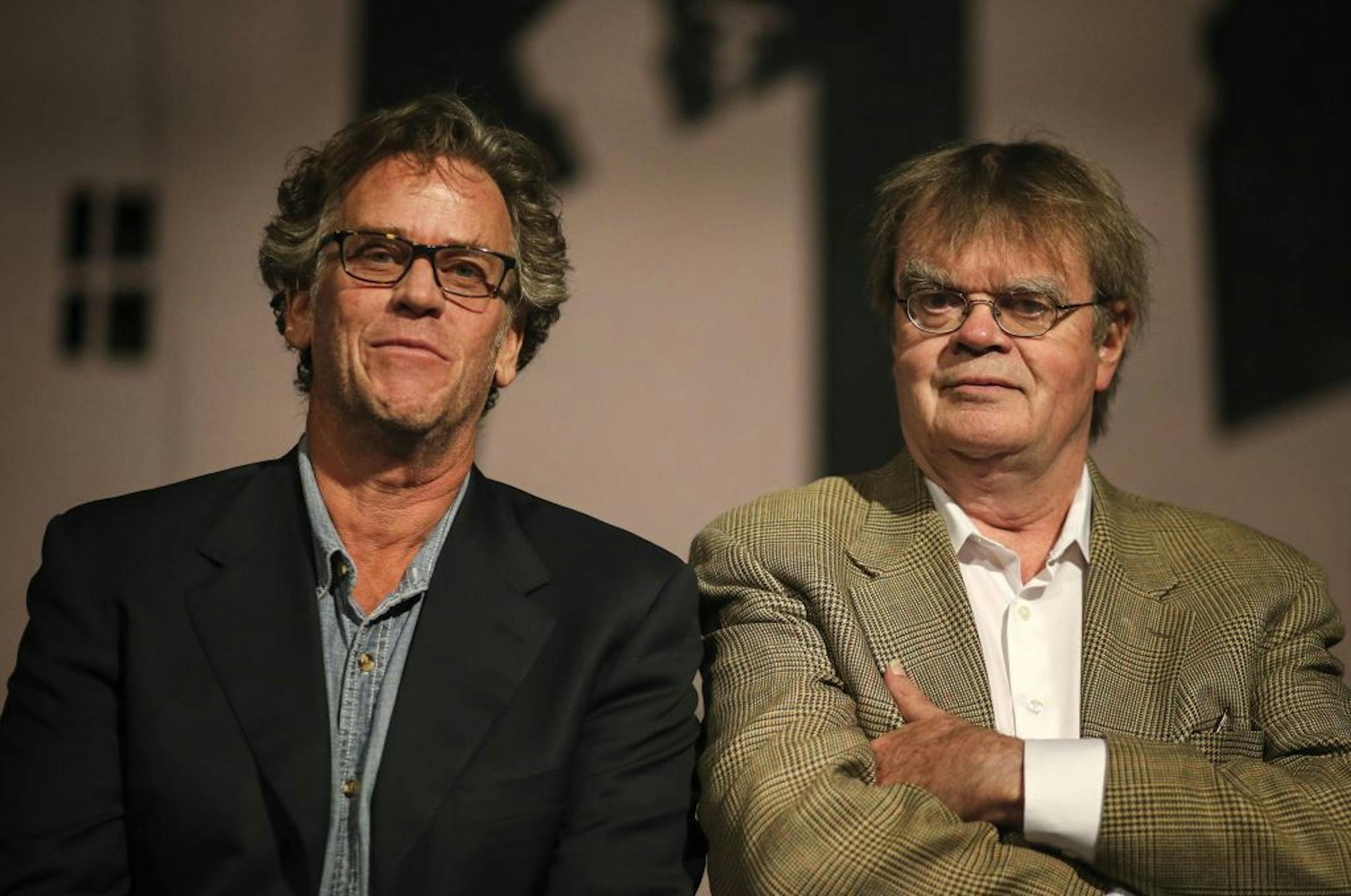 Radio script writer Garrison Keillor turned playwright with radio host Pearce Bunting from Keillor's "Radio Man" play Saturday, Sept. 12, 2014, at the History Theatre in St. Paul, MN.