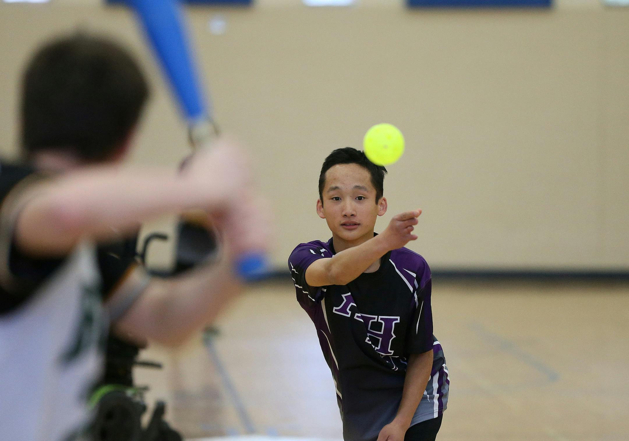 Kai France of Anoka-Hennepin pitched to Hadley Eby Tuesday 17, 2016 in New Brighton, MN.] Siblings Stevey France, Kai France, Mia France, and Hana France are members of the Anoka-Hennepin adapted softball team they played Mounds View/Irondale/Rosedale at Highview Middle School. Jerry Holt /Jerry.Holt@Startribune.com