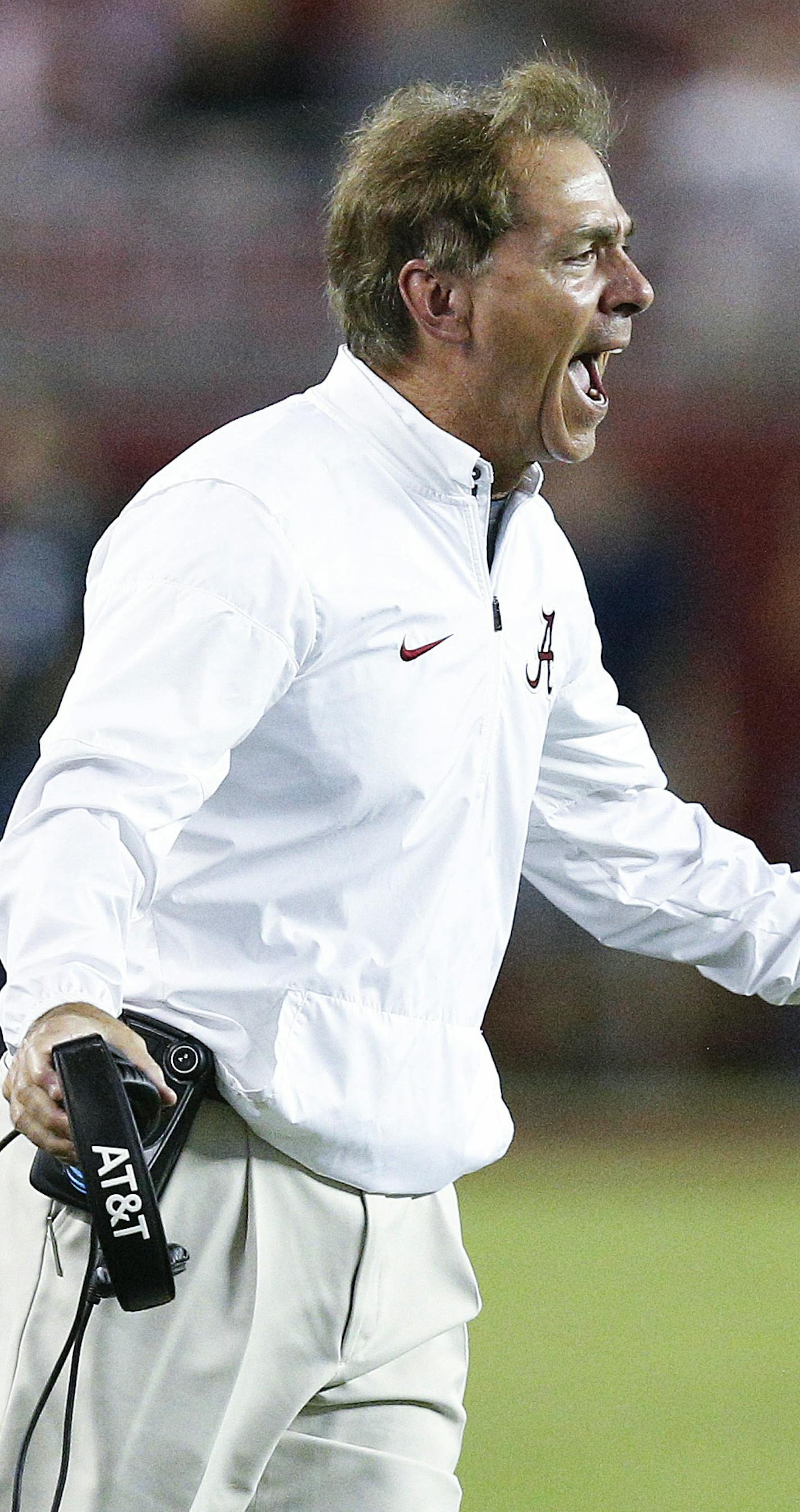 Alabama coach Nick Saban reacts after a play during the second half the team's NCAA college football game against Arkansas, Saturday, Oct. 14, 2017, in Tuscaloosa, Ala. (AP Photo/Brynn Anderson) ORG XMIT: MIN2017102616074238