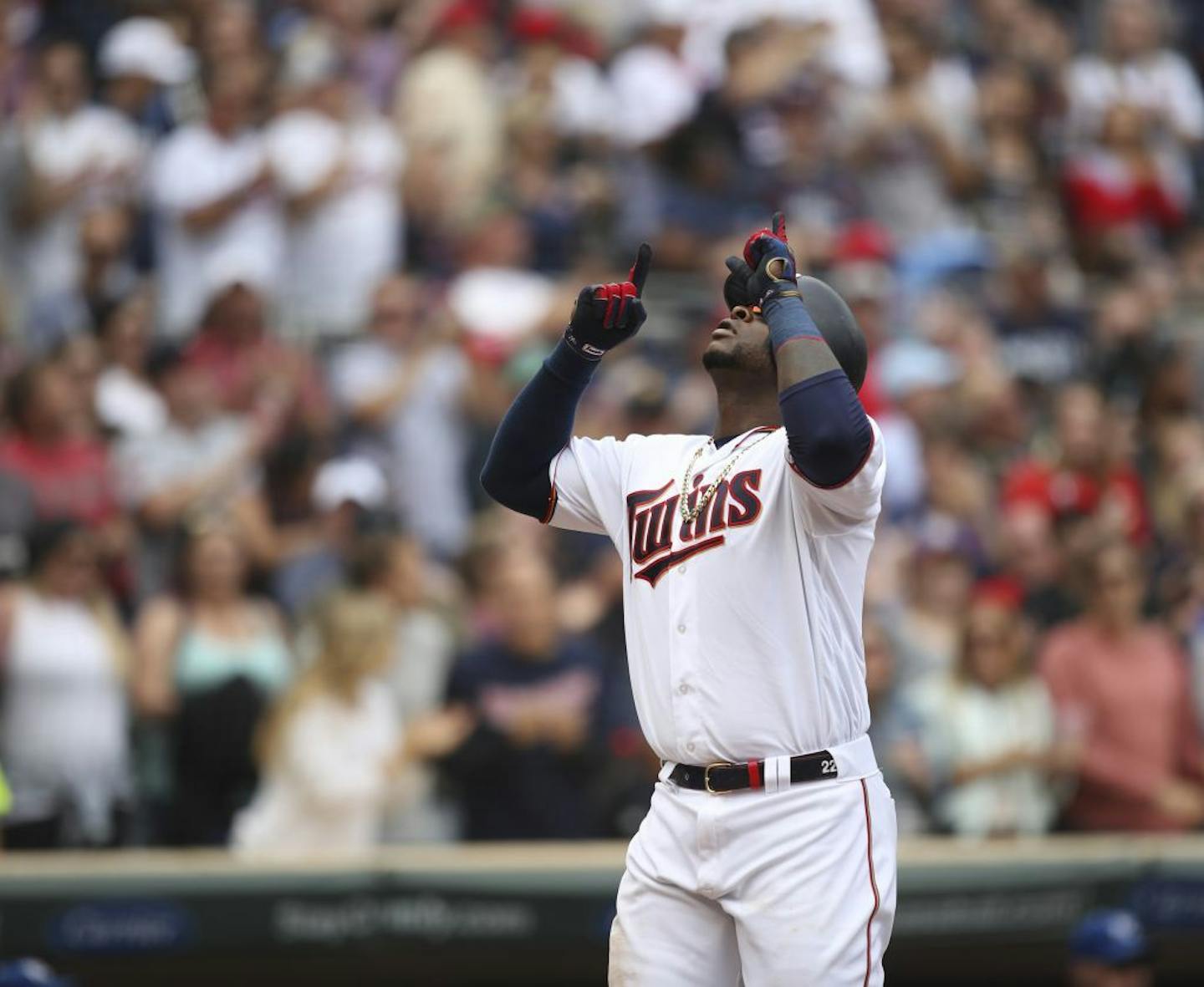 Miguel Sano celebrated his three-run homer on Sunday vs. Kansas City